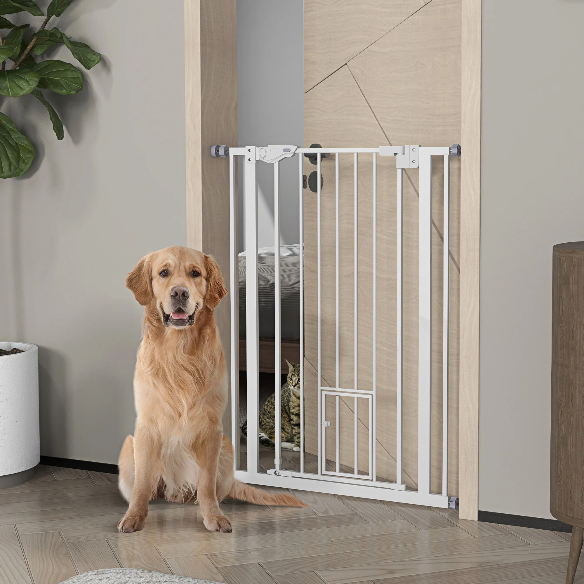 PawHut Extra Tall Dog Gate with Cat Door Auto Close for Stairs 74-80 cm Wide - Image 2