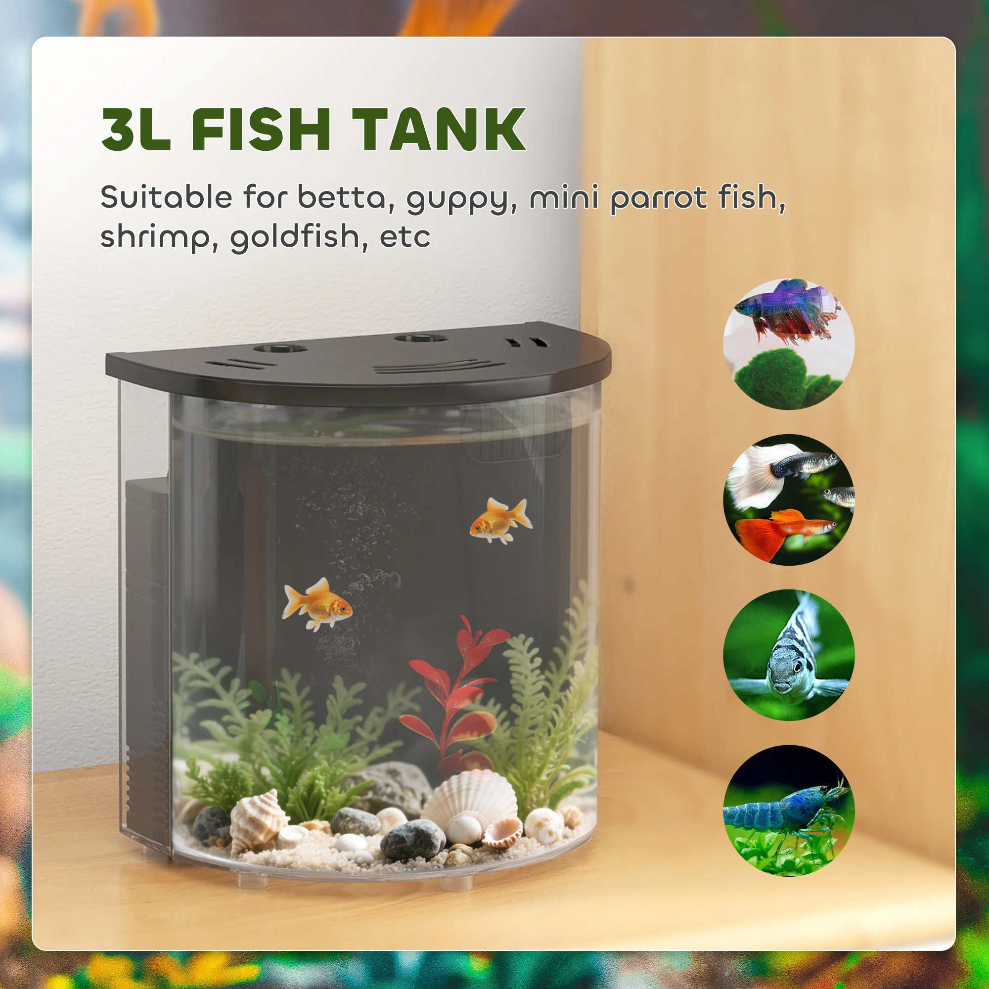 PawHut Fish Tank, 3L Nano Aquarium Starter Kit with Filter System, LED Light - Image 4