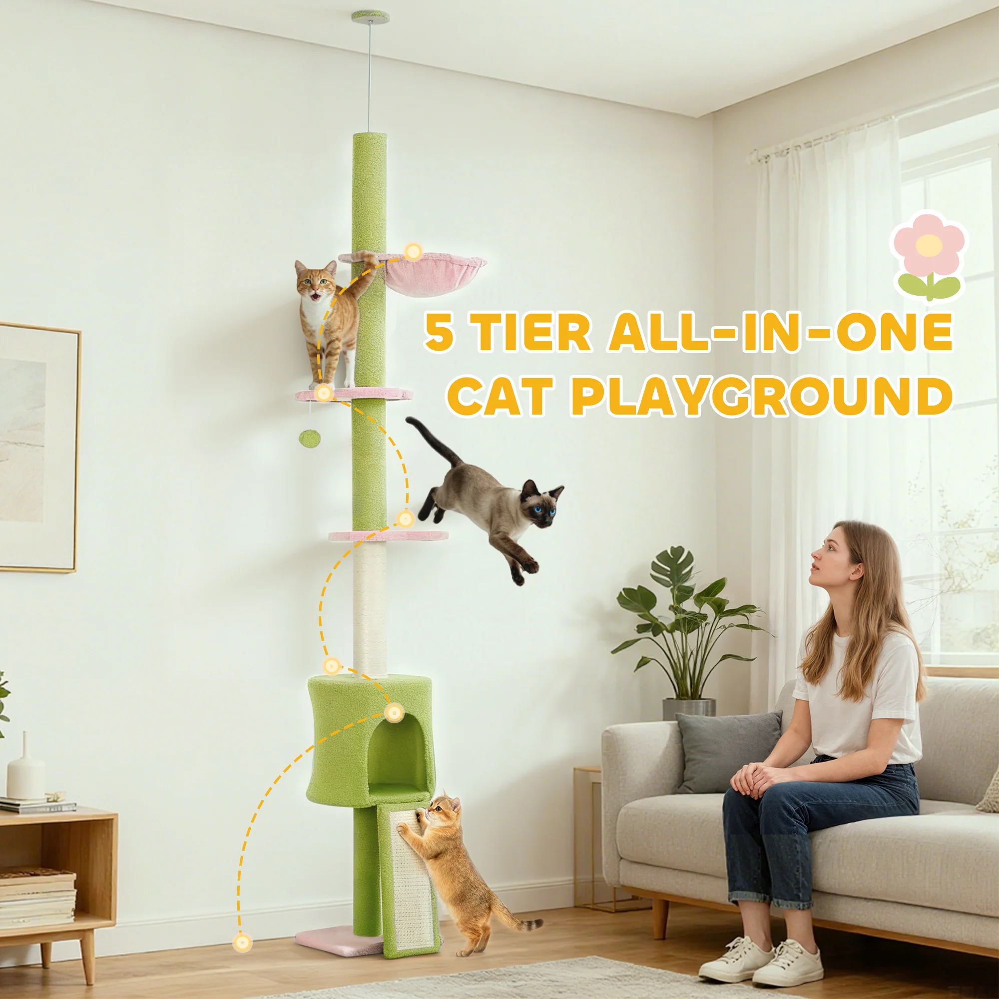 PawHut Floor To Ceiling Cat Tree Adjustable Height 220-240 Cm Cat Tower - Image 6
