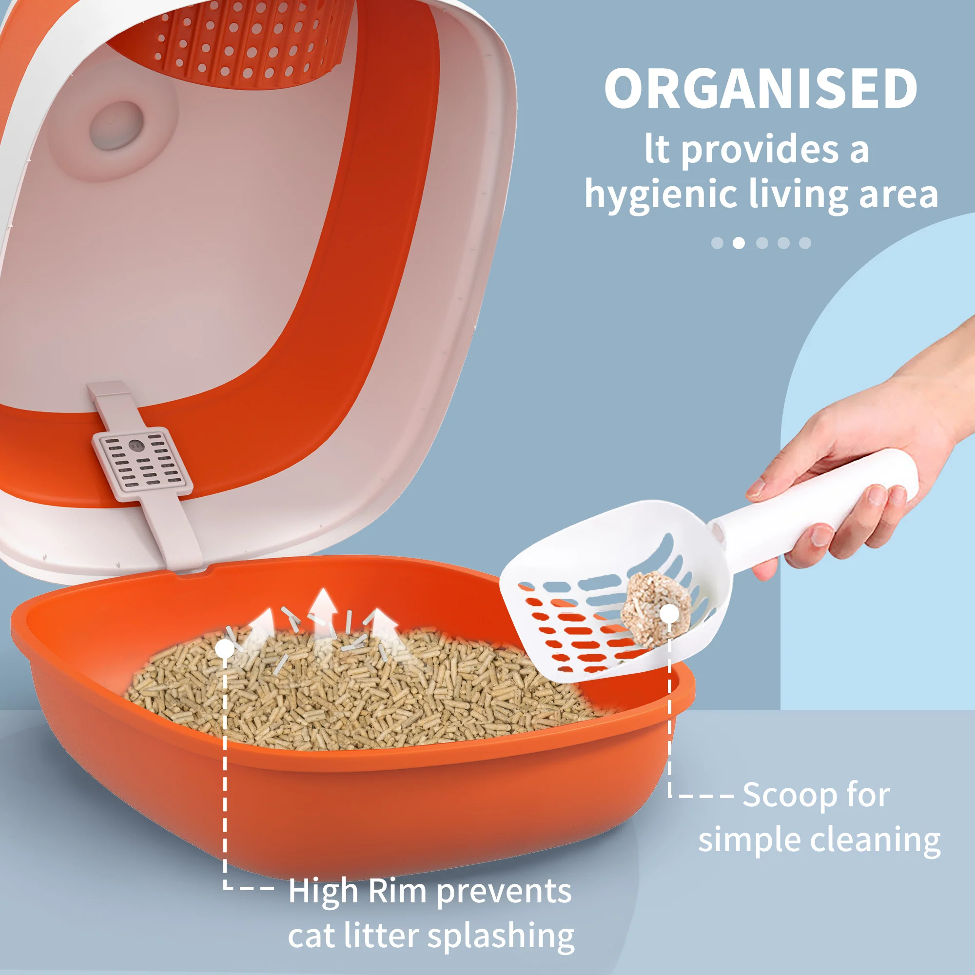 PawHut Foldable Cat Litter Tray Hooded Cat Litter Box W/ High Side, Orange - Image 4