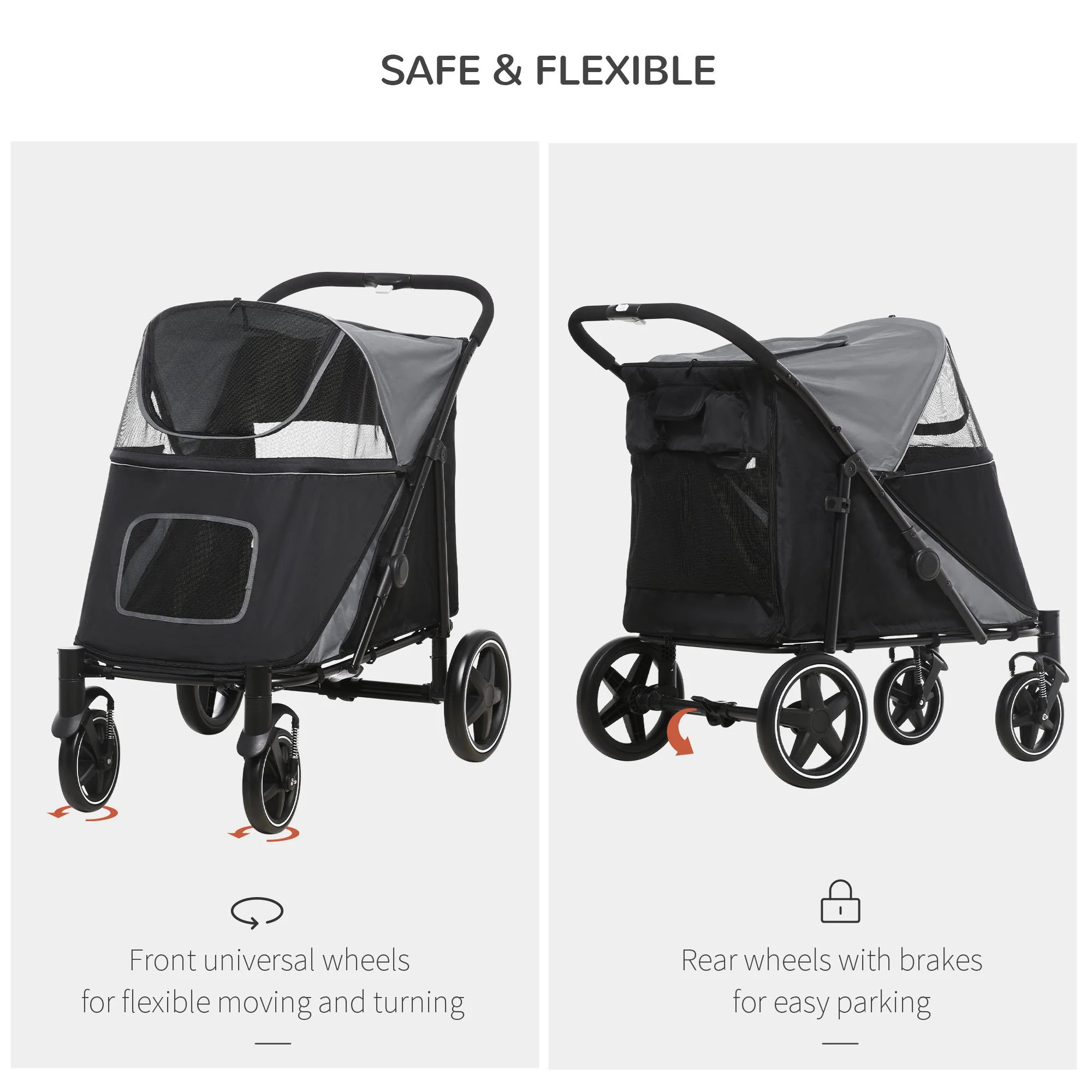 PawHut Foldable Dog Carriage W/ Universal Wheels, Shock Absorber - Black - Image 5