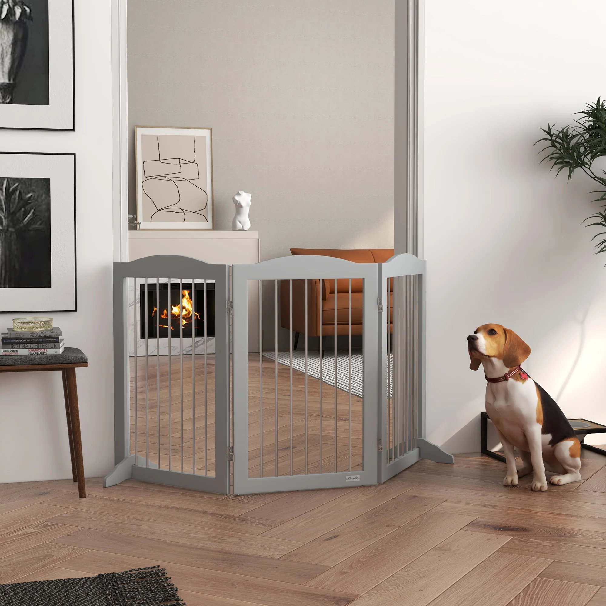 PawHut Foldable Dog Gate, Freestanding Pet Gate with Two Support Feet - Grey - Image 2
