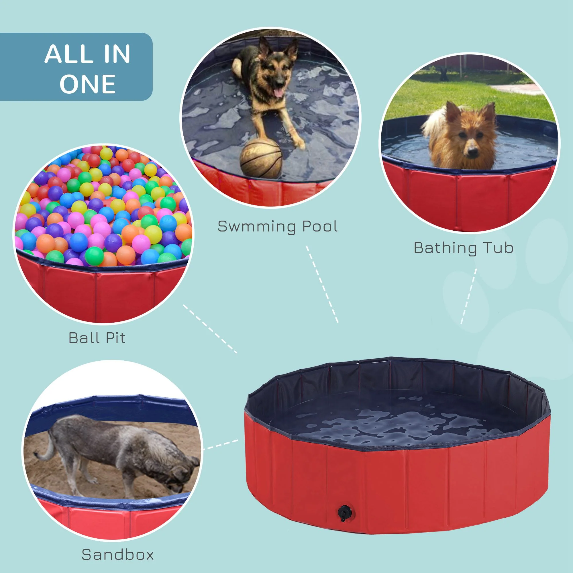 PawHut Foldable Dog Paddling Pool Pet Cat Swimming Pool Indoor/Outdoor Collapsible Summer Bathing Tub Shower Tub Puppy Washer (120 × 30H Cm, Red) - Image 3