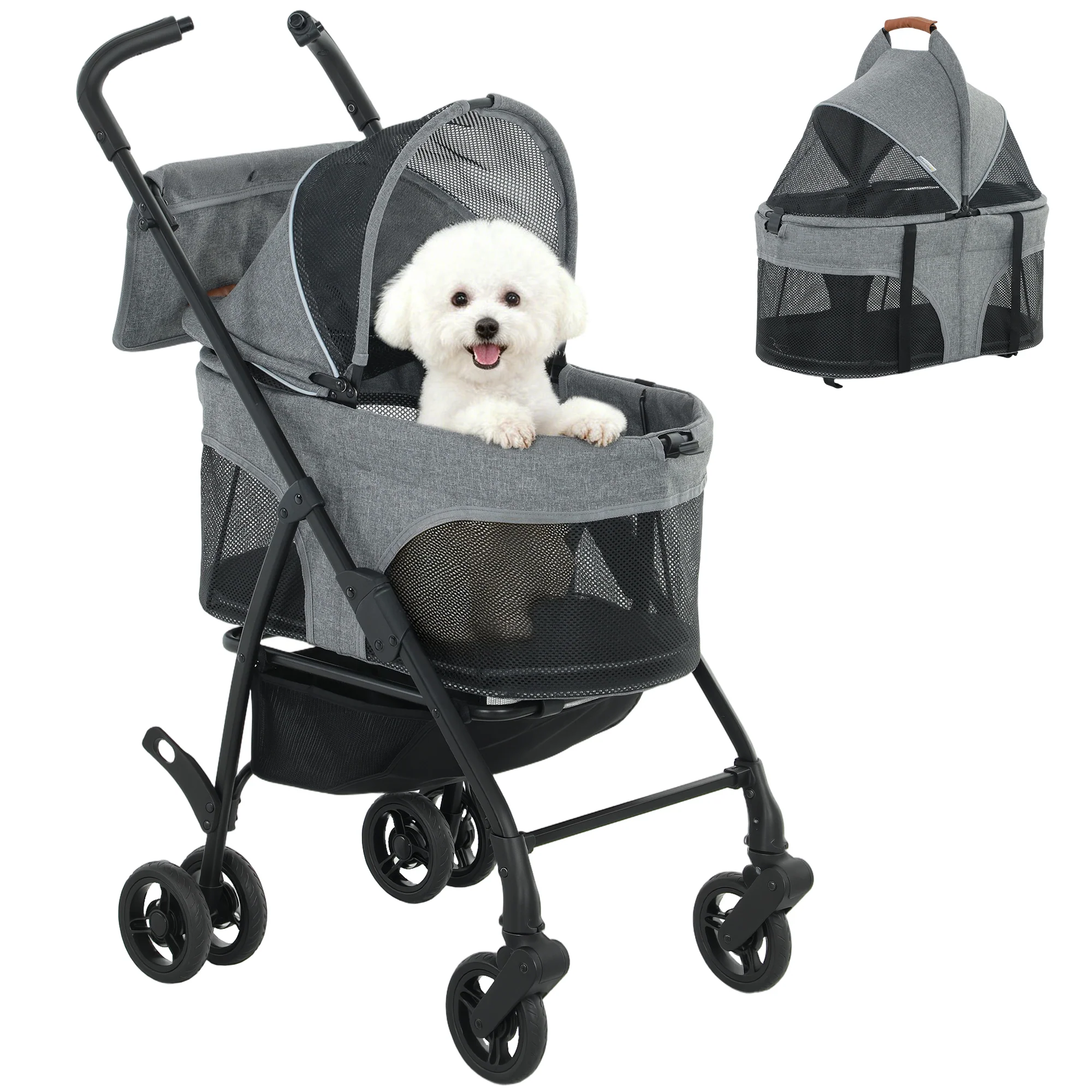 PawHut Foldable Pet Stroller, Dog Cat Stroller with Detachable Carrier