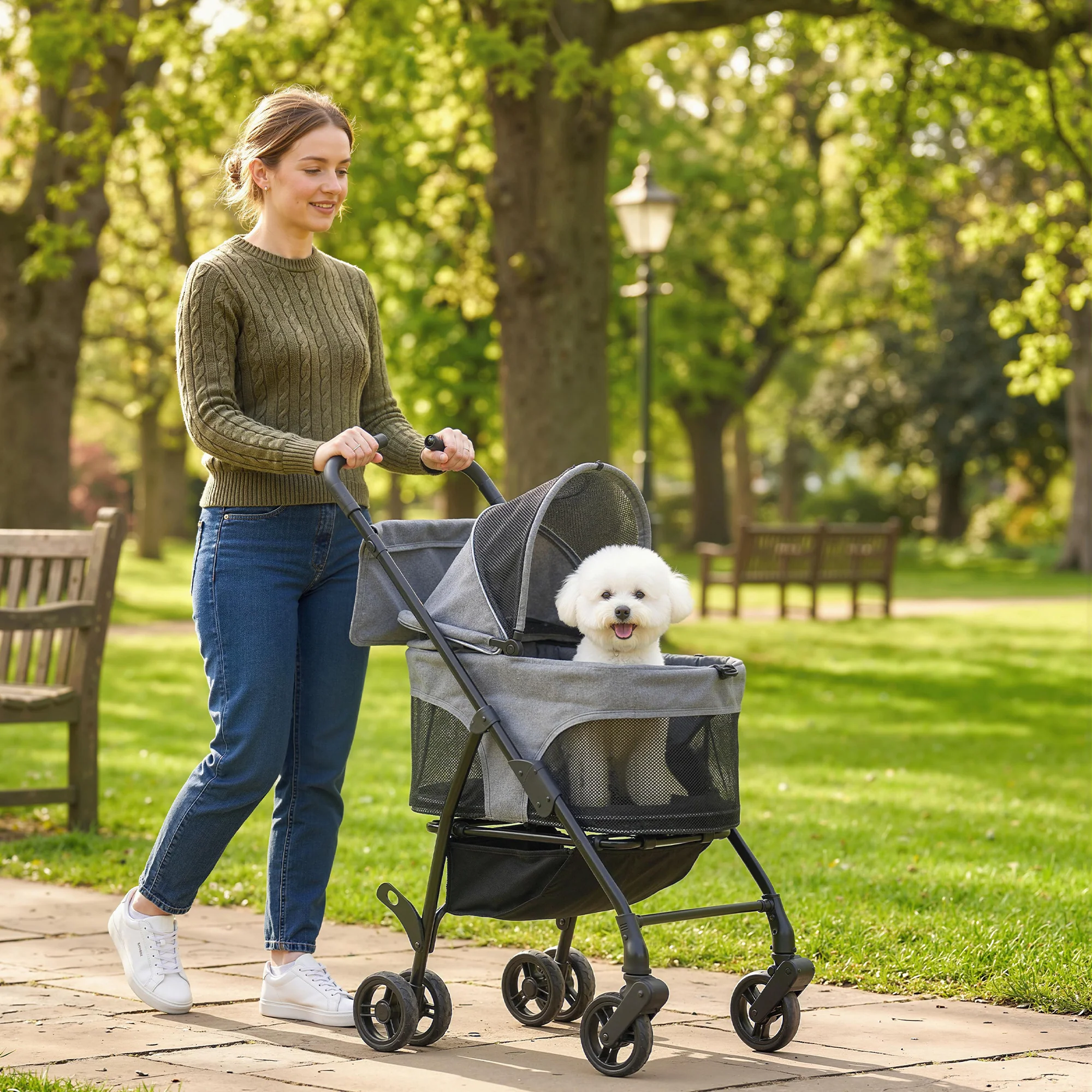 PawHut Foldable Pet Stroller, Dog Cat Stroller with Detachable Carrier - Image 2