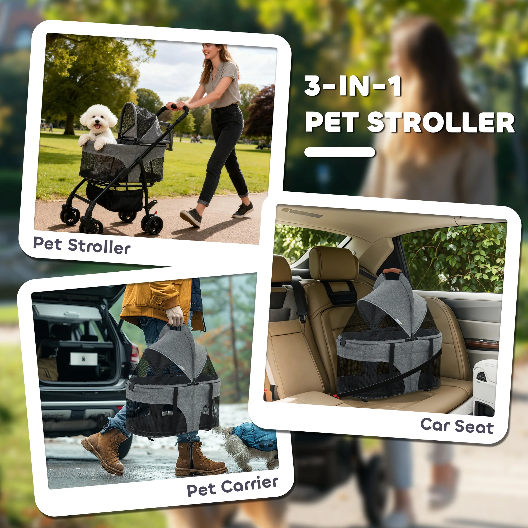 PawHut Foldable Pet Stroller, Dog Cat Stroller with Detachable Carrier - Image 3