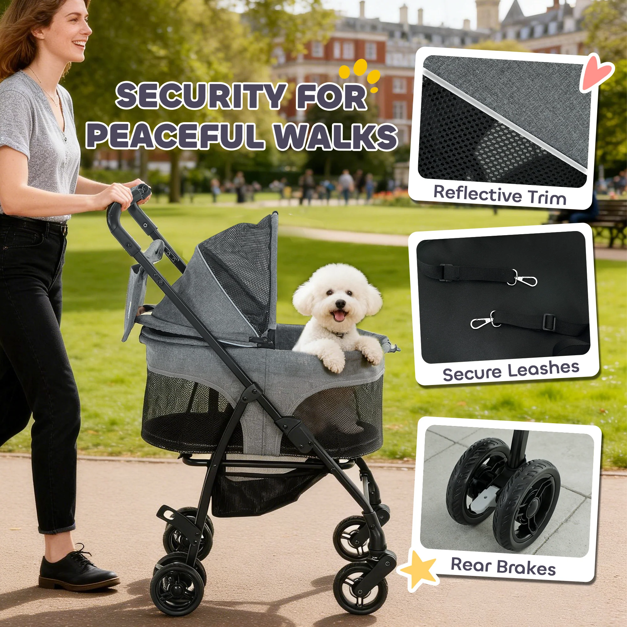 PawHut Foldable Pet Stroller, Dog Cat Stroller with Detachable Carrier - Image 6