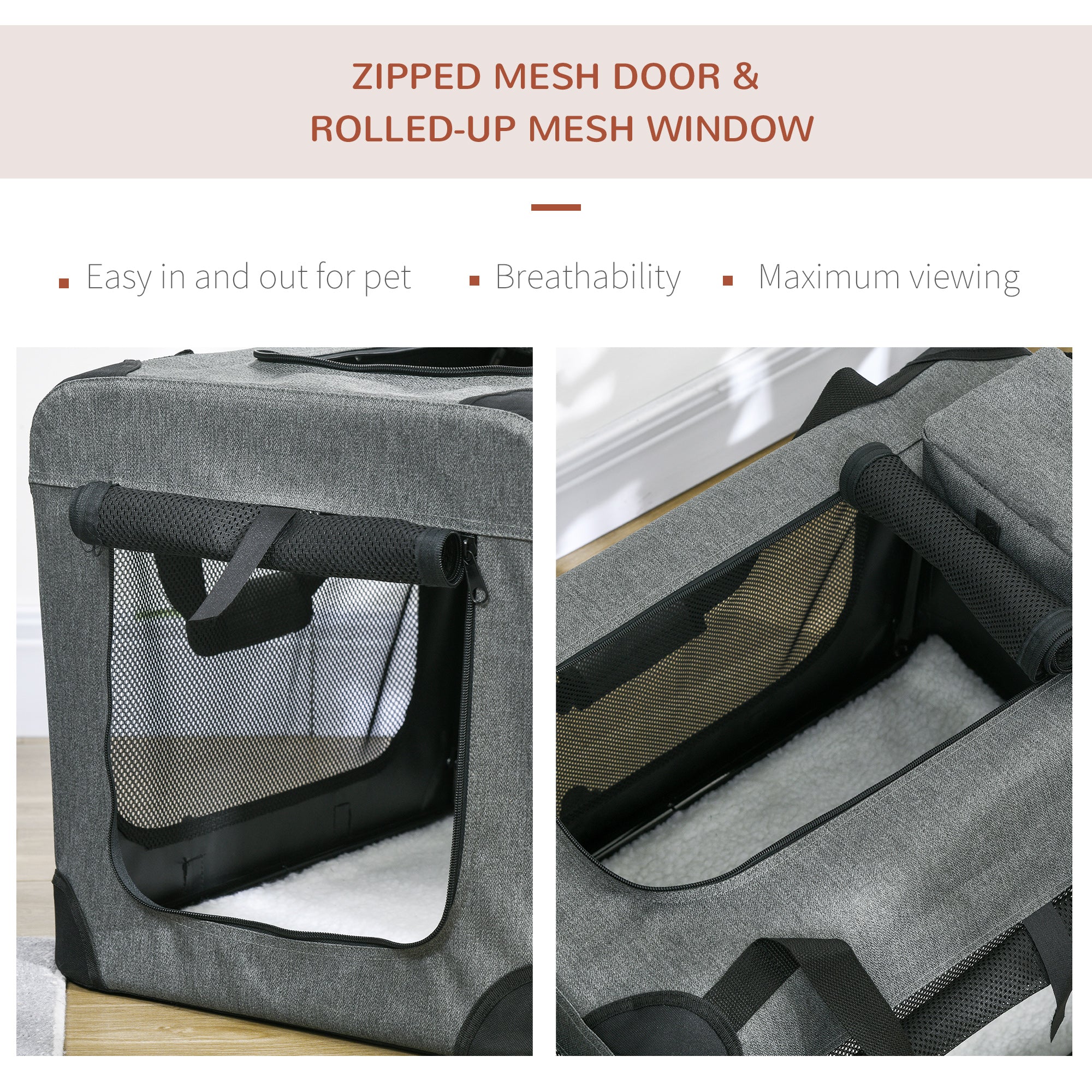 PawHut Folding Pet Carrier Bag House W/ Cushion Storage, Grey 60x41.5x41cm - Image 6