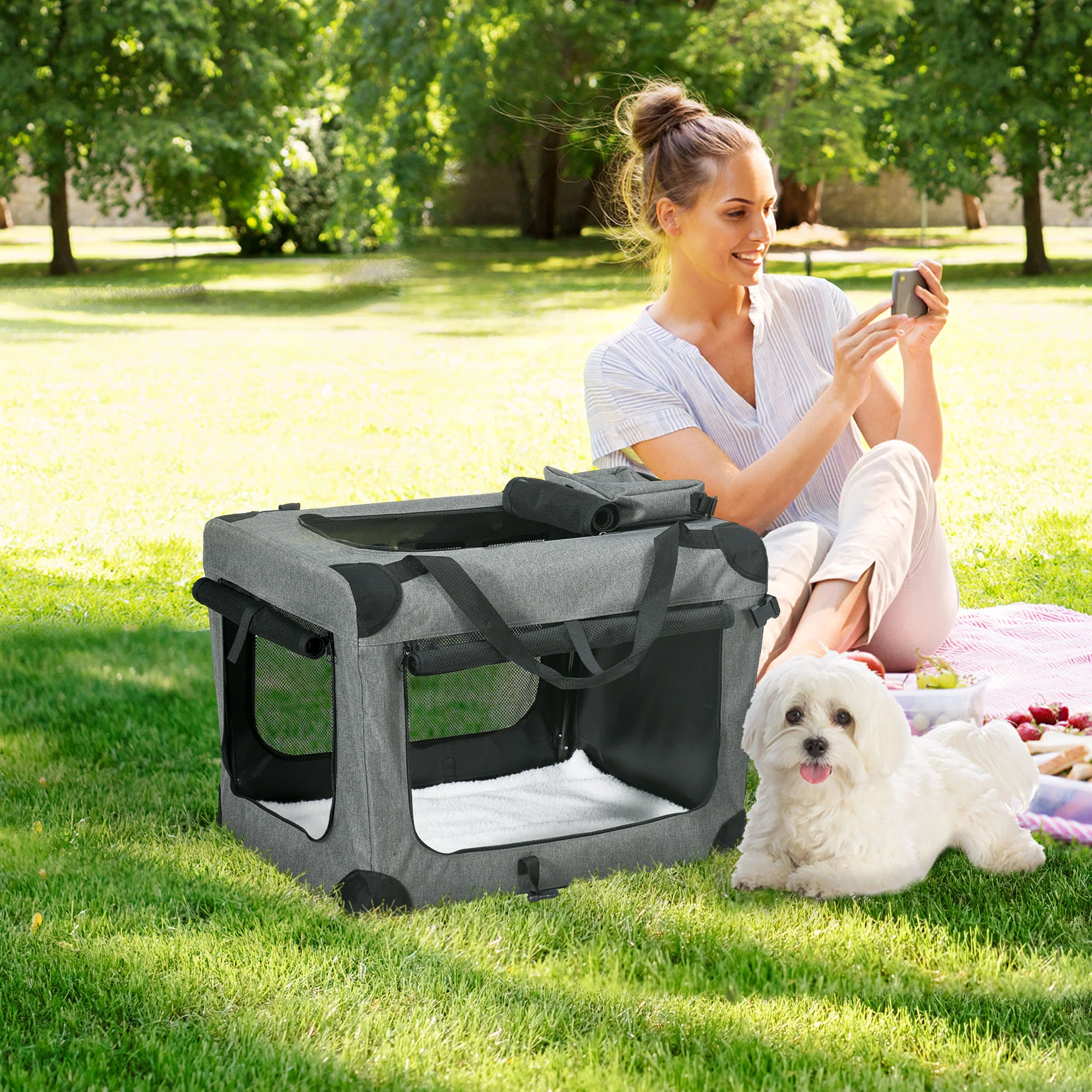 PawHut Folding Pet Carrier Bag House W/ Cushion Storage, Grey 70x51x50cm - Image 2