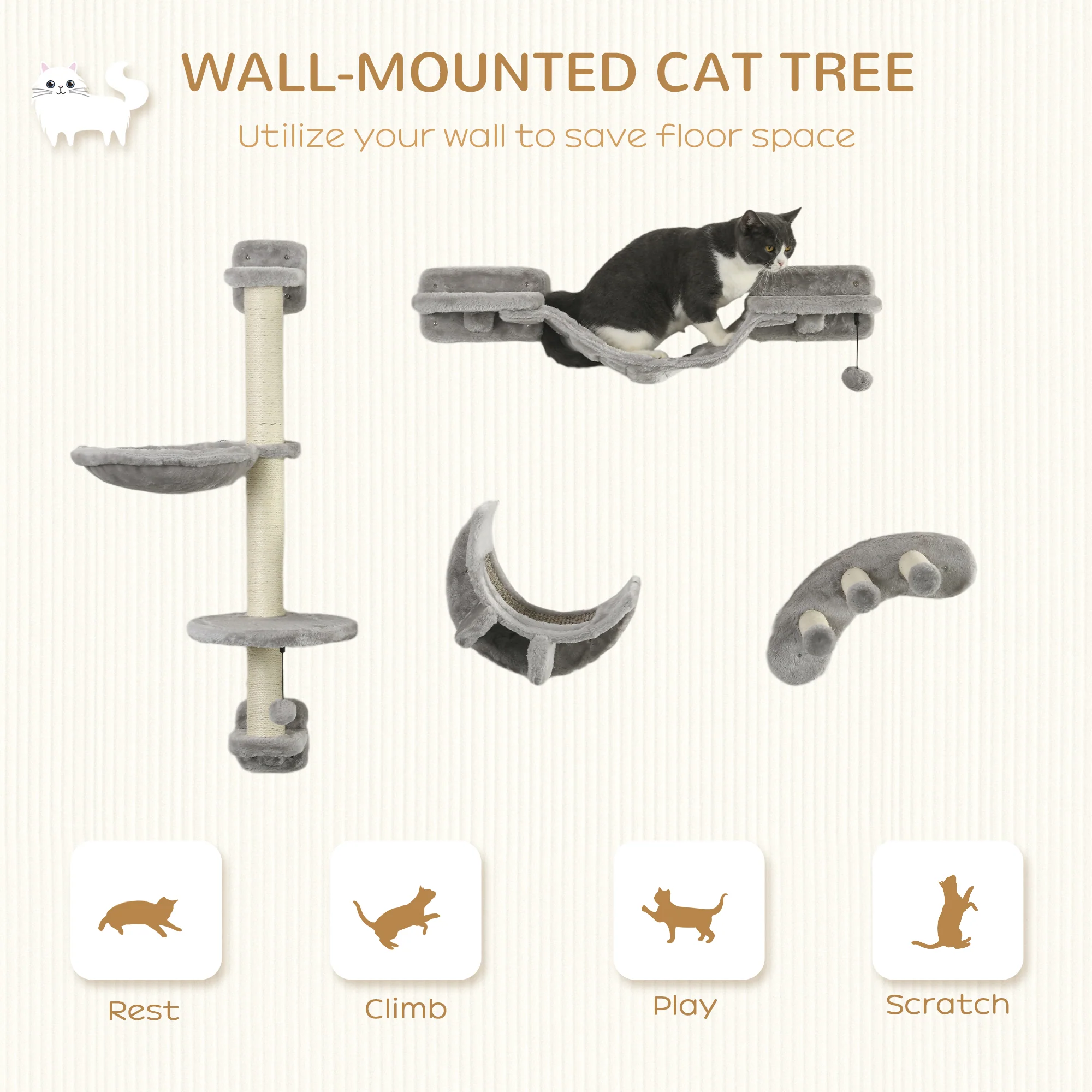 PawHut Four-Piece Cat Wall Furniture W/ Hammock, Ladder, Platforms, Steps - Grey - Image 3