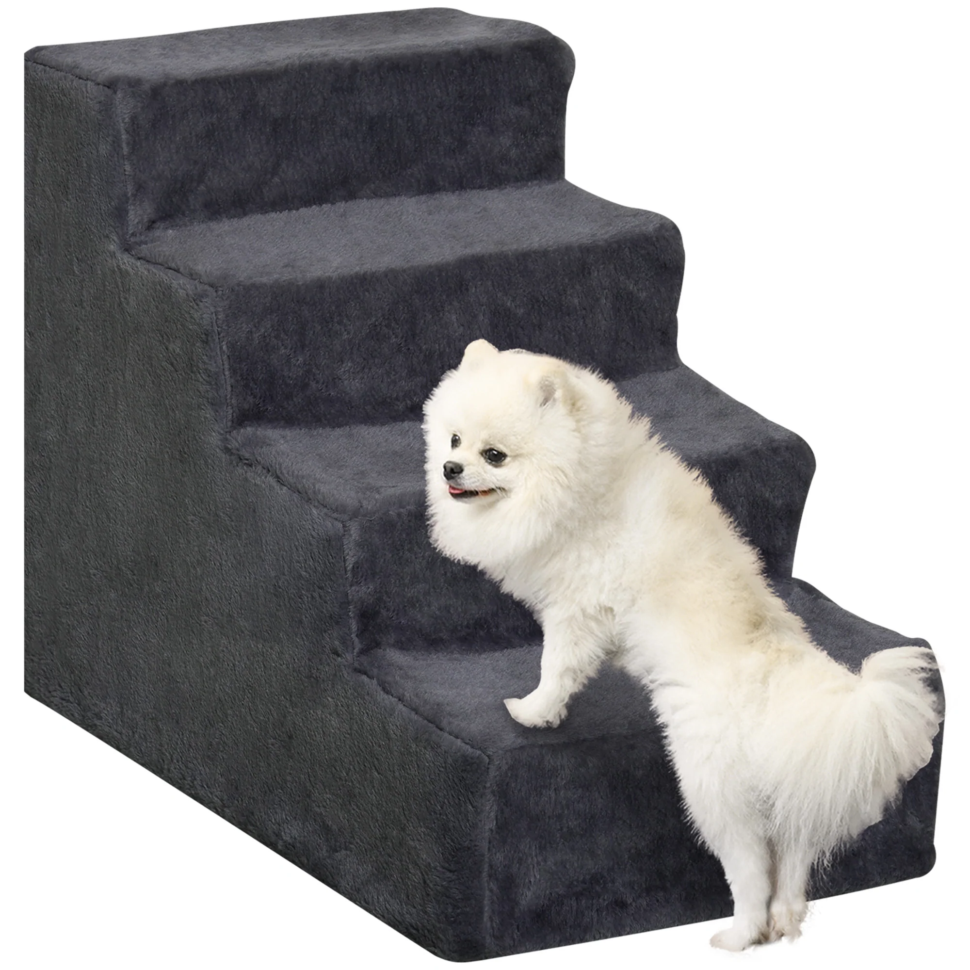 PawHut Four-Step Portable Dog Stairs with Washable Plush Cover, Dark Grey