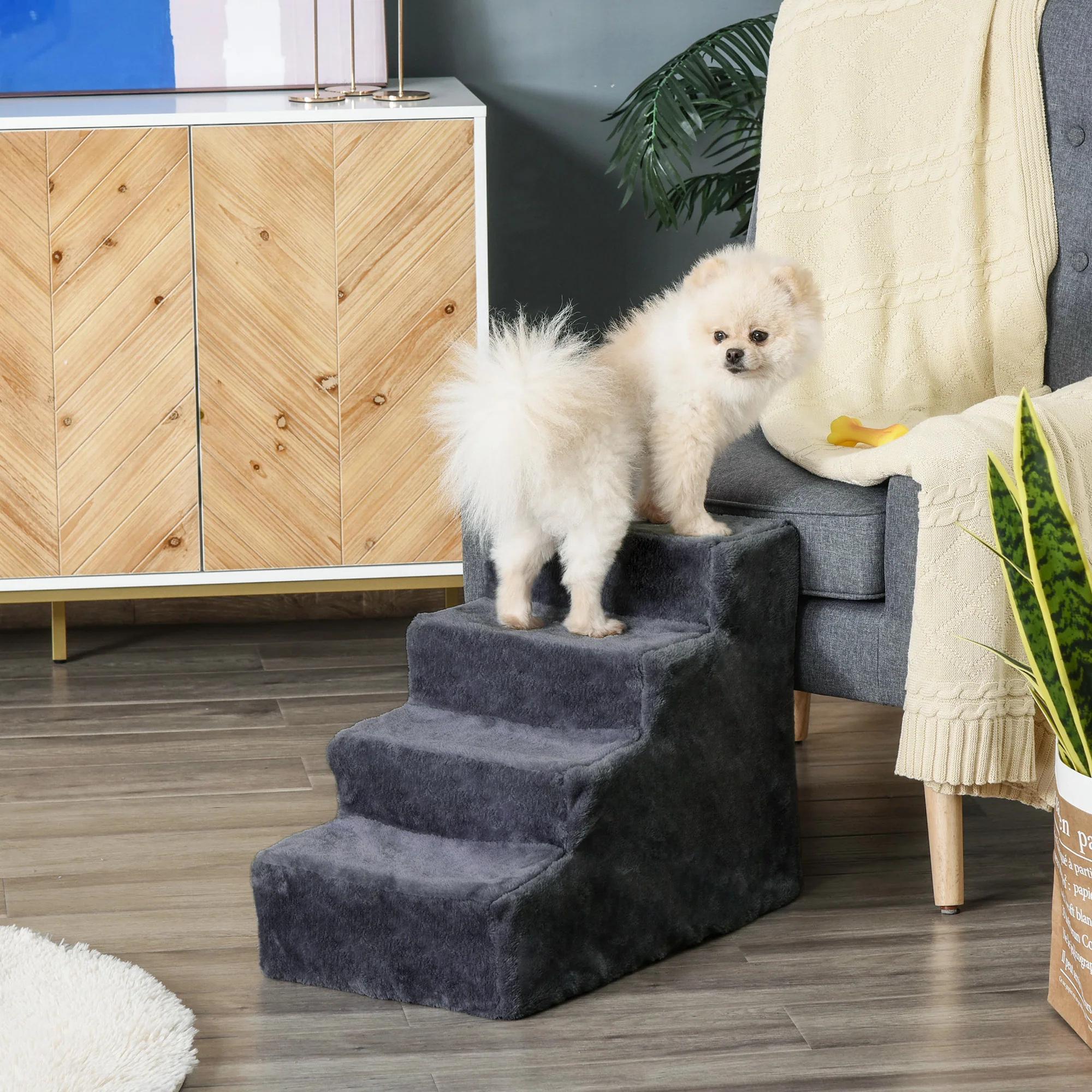 PawHut Four-Step Portable Dog Stairs with Washable Plush Cover, Dark Grey - Image 2