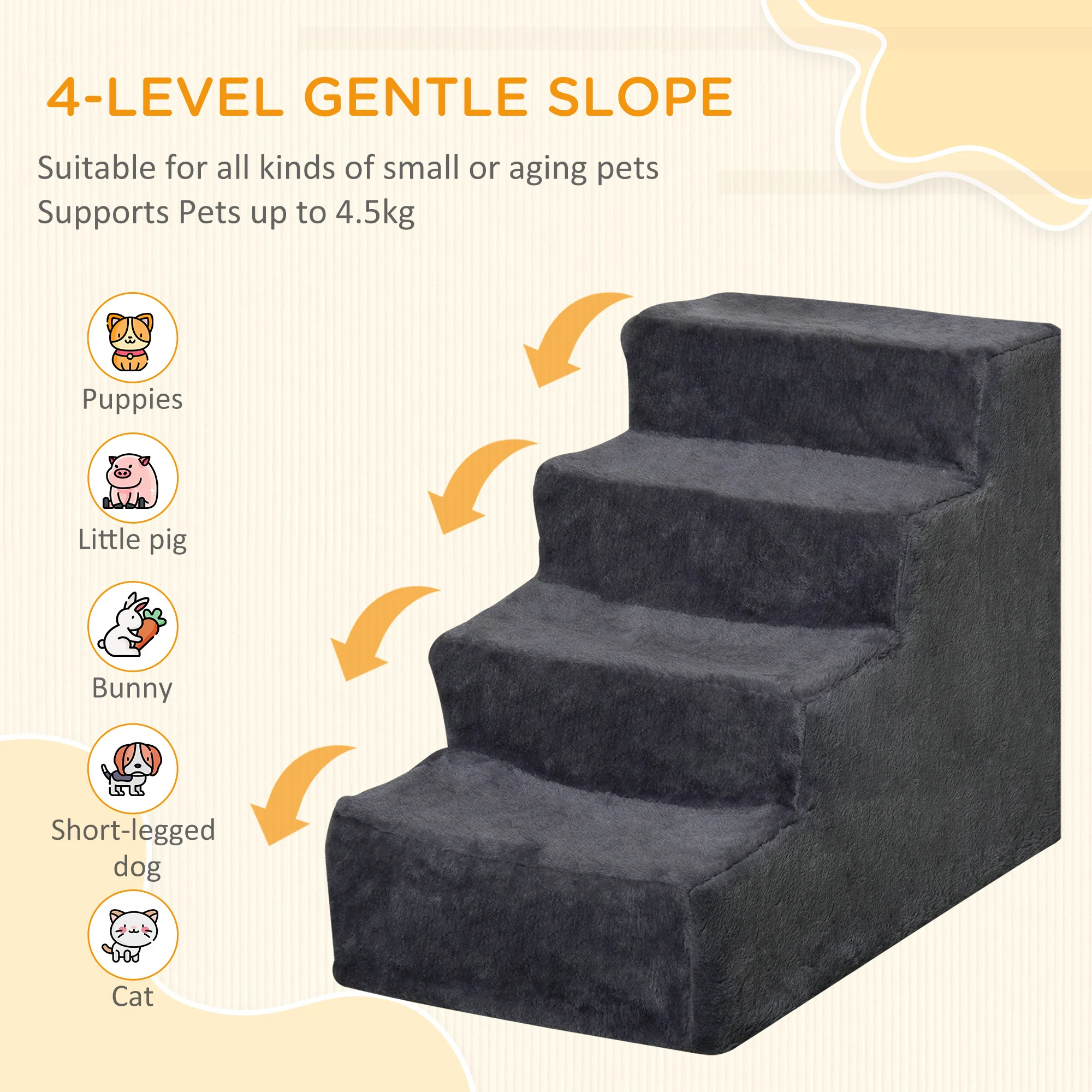 PawHut Four-Step Portable Dog Stairs with Washable Plush Cover, Dark Grey - Image 3