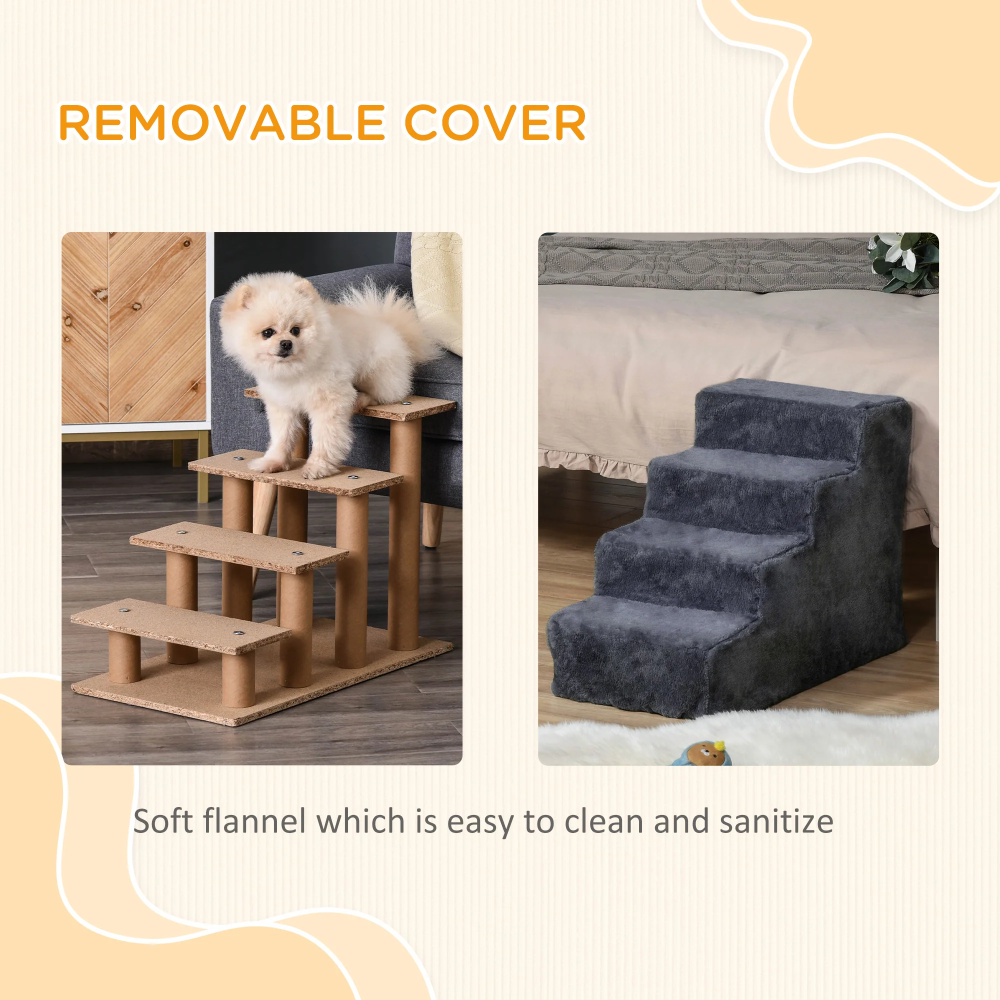 PawHut Four-Step Portable Dog Stairs with Washable Plush Cover, Dark Grey - Image 4