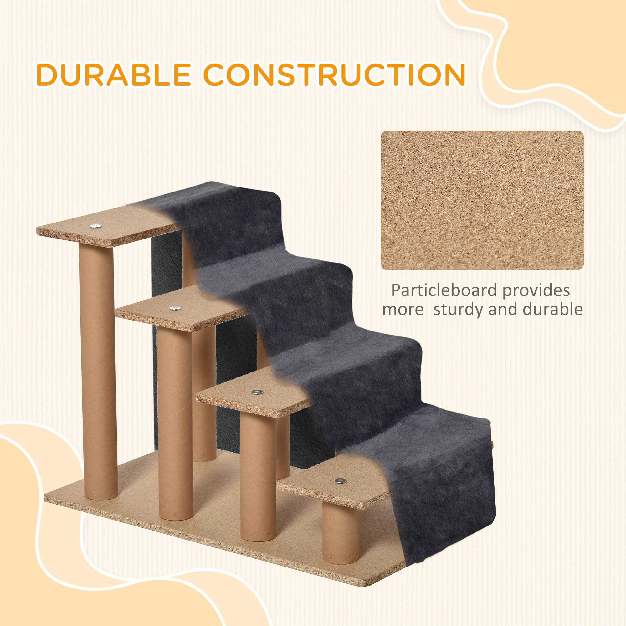 PawHut Four-Step Portable Dog Stairs with Washable Plush Cover, Dark Grey - Image 6