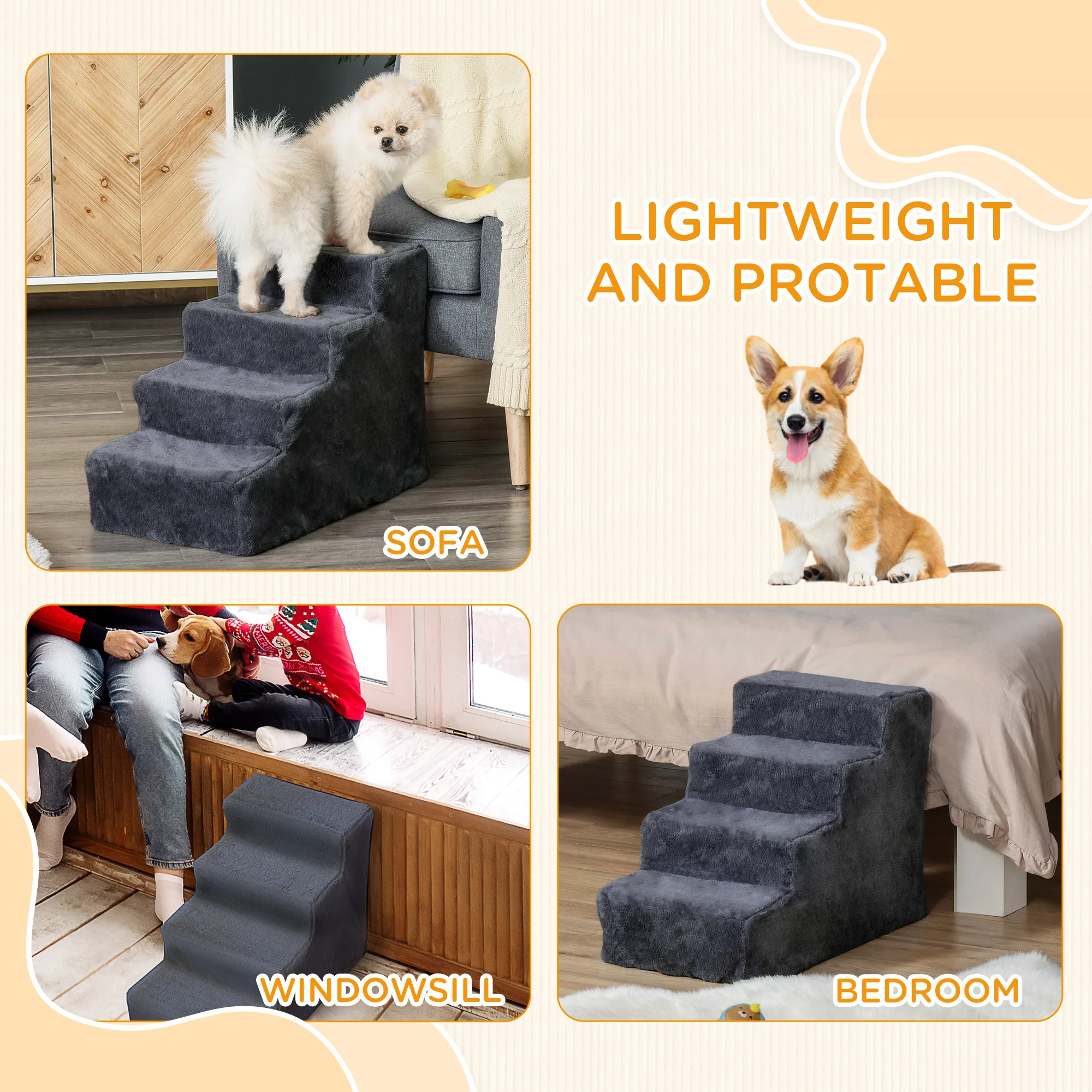 PawHut Four-Step Portable Dog Stairs with Washable Plush Cover, Dark Grey - Image 7