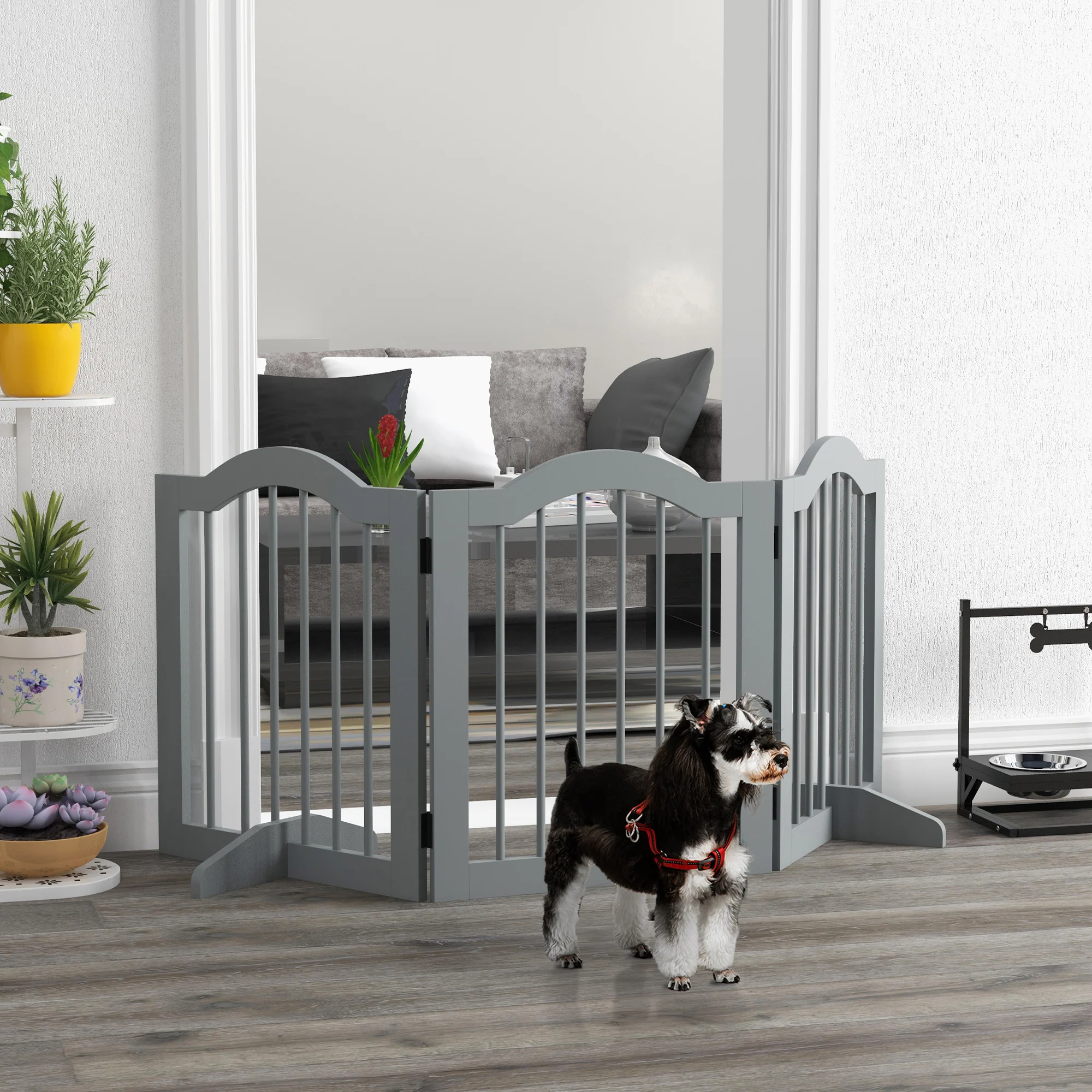 PawHut Freestanding Pet Gate Barrier 3 Pannel w/ Support Feet Light Grey - Image 2