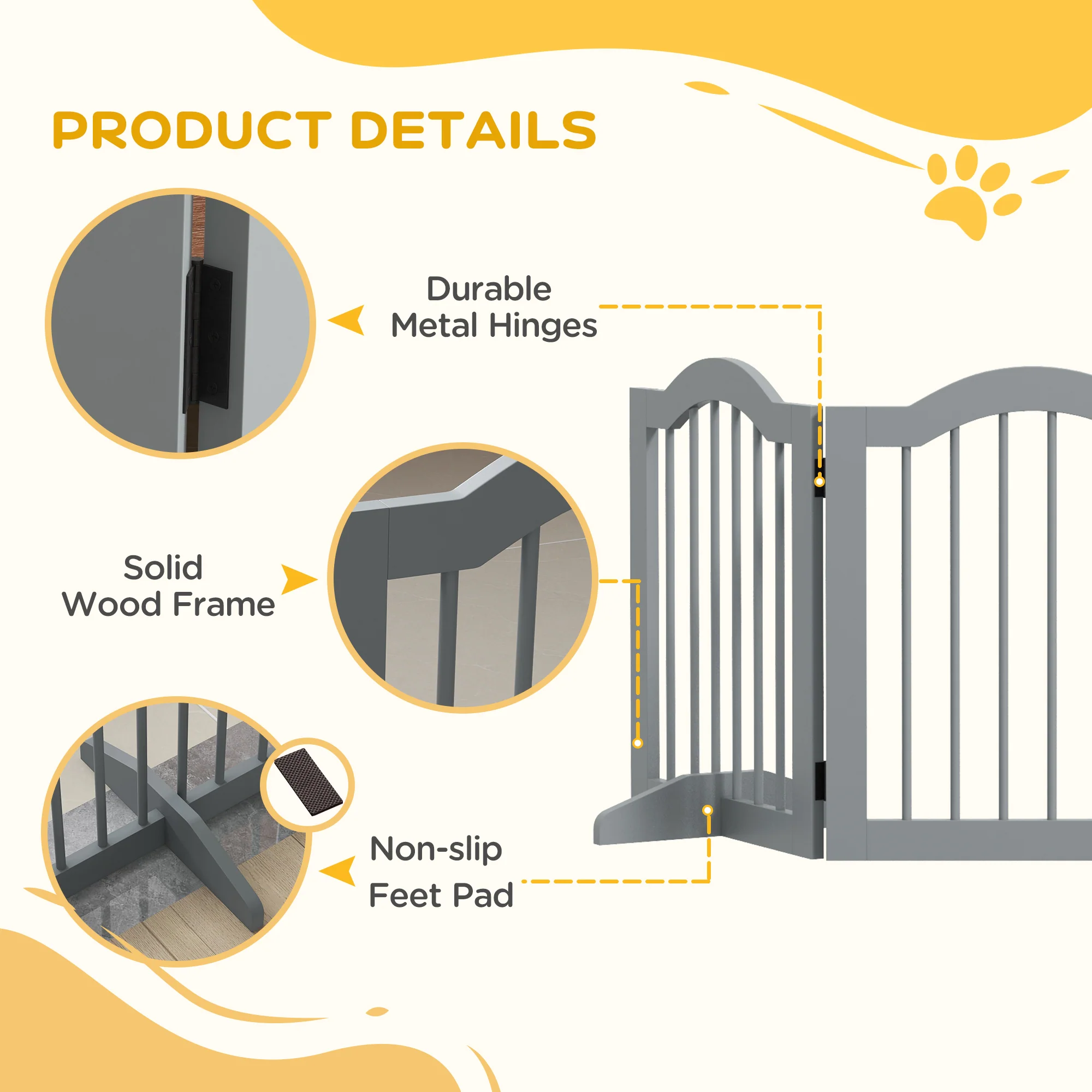 PawHut Freestanding Pet Gate Barrier 3 Pannel w/ Support Feet Light Grey - Image 6
