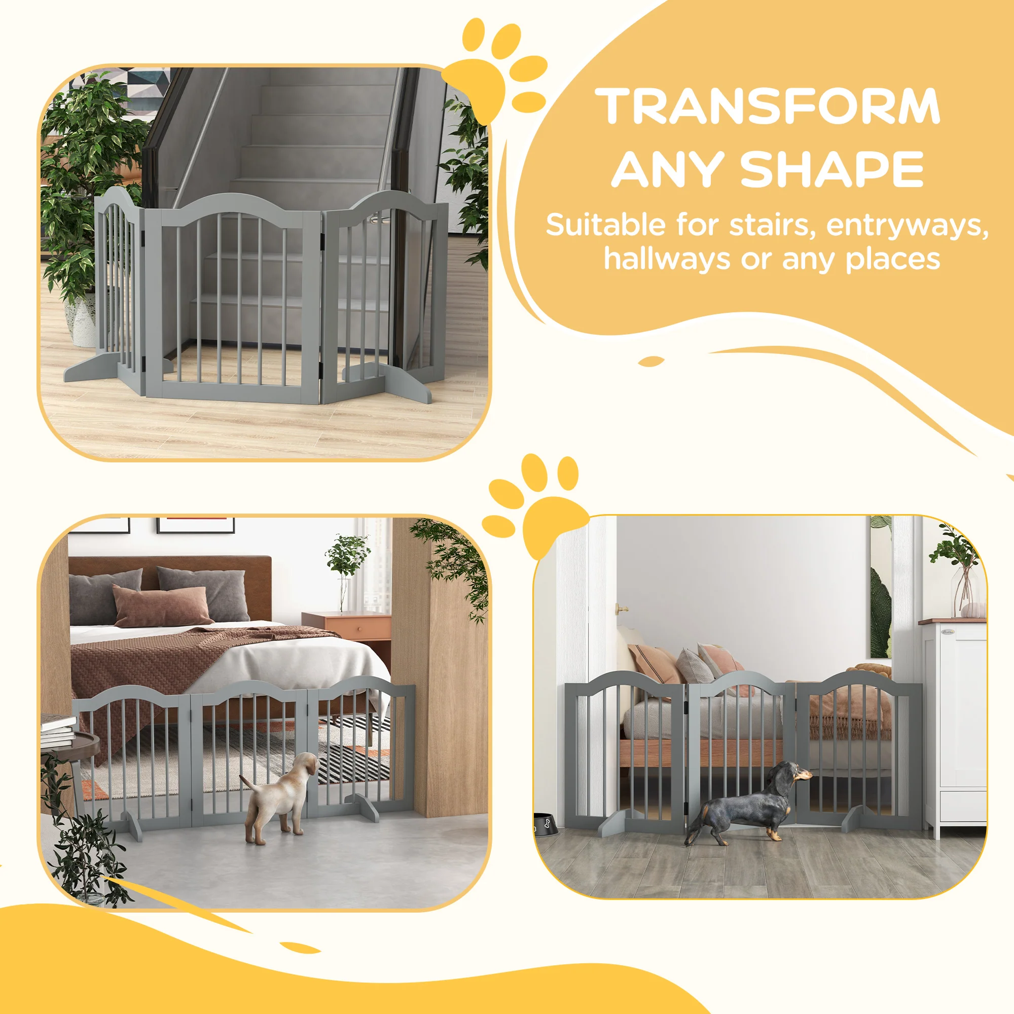 PawHut Freestanding Pet Gate Barrier 3 Pannel w/ Support Feet Light Grey - Image 8