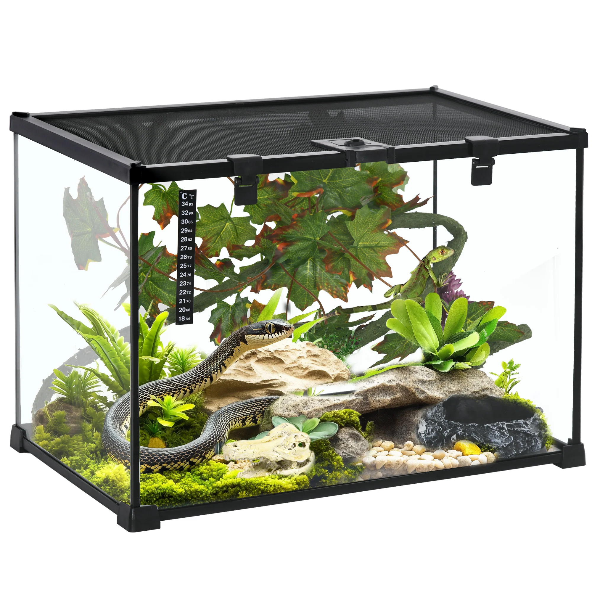 PawHut Glass Reptile Terrarium with Thermometer, Decor Kit, Heated - Black - Image 10