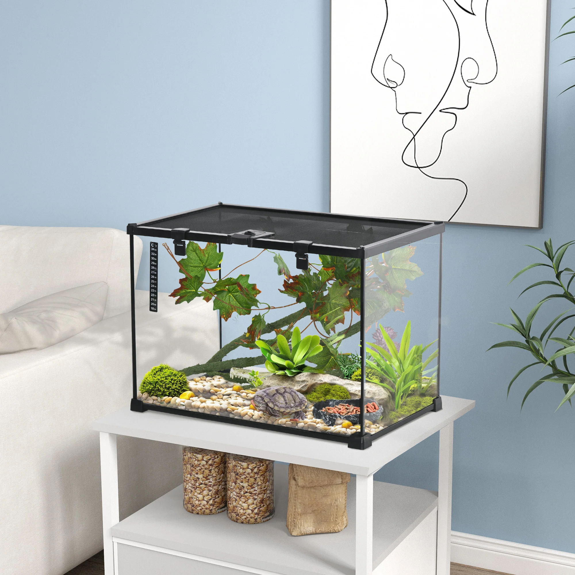 PawHut Glass Reptile Terrarium with Thermometer, Decor Kit, Heated - Black - Image 11
