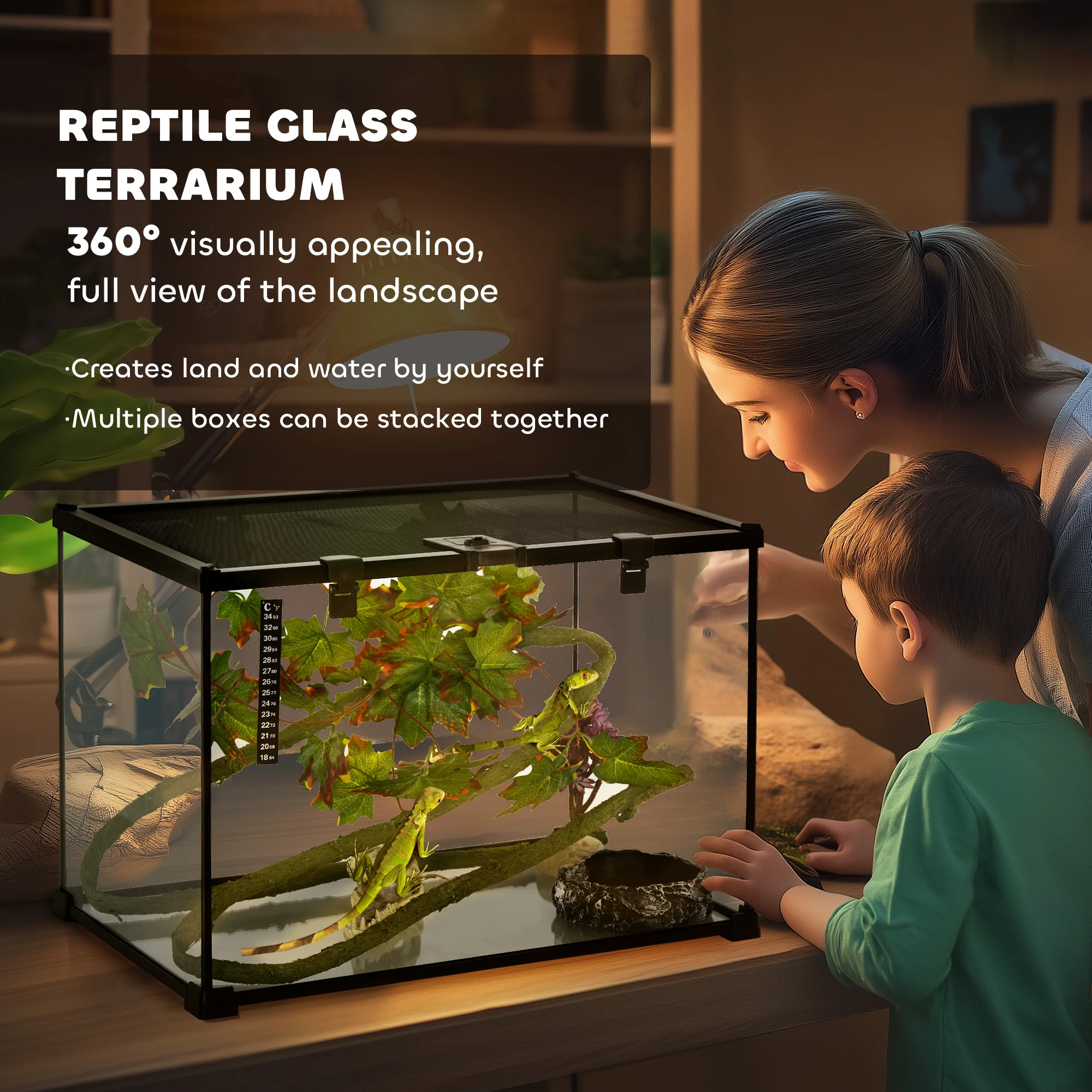 PawHut Glass Reptile Terrarium with Thermometer, Decor Kit, Heated - Black - Image 12