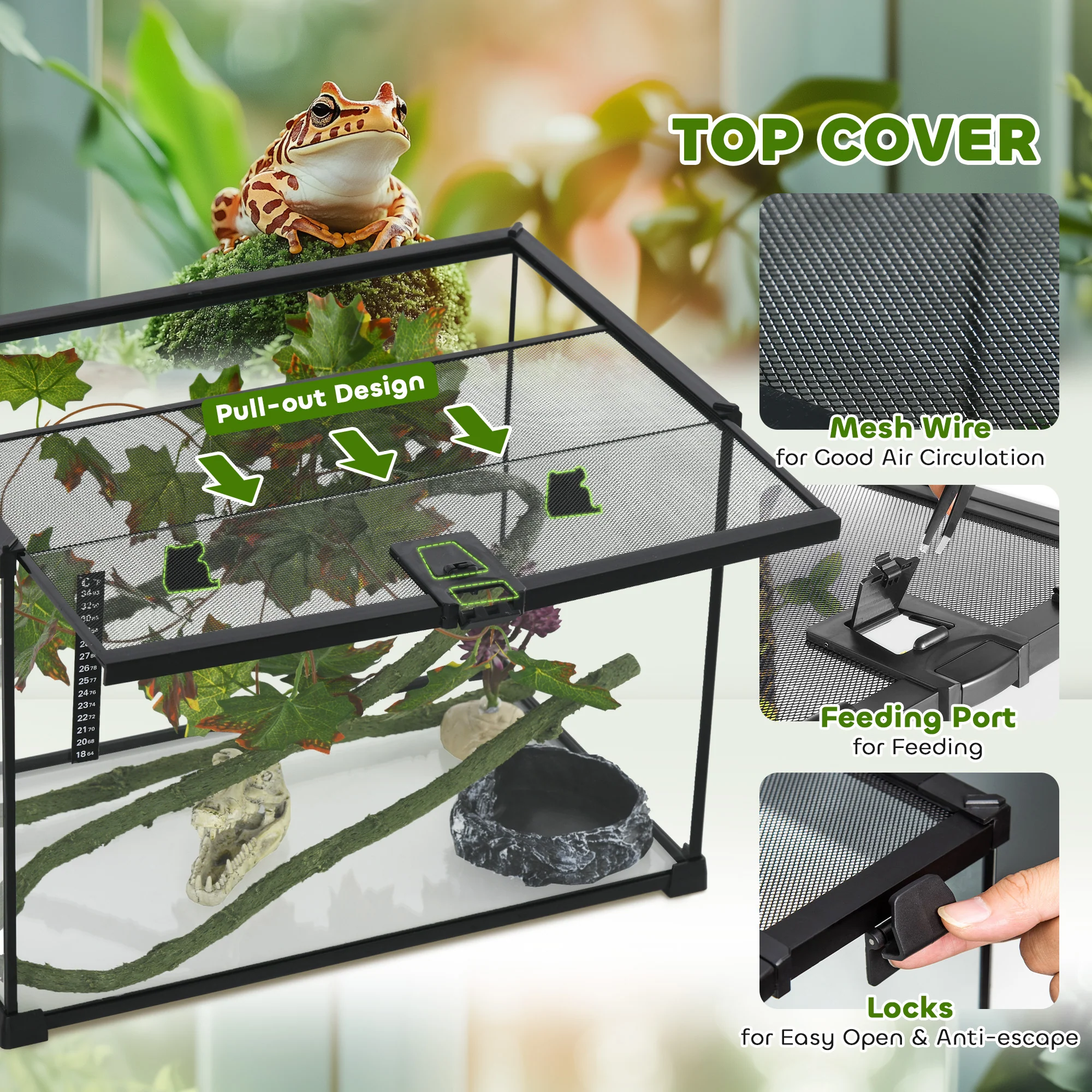 PawHut Glass Reptile Terrarium with Thermometer, Decor Kit, Heated - Black - Image 13