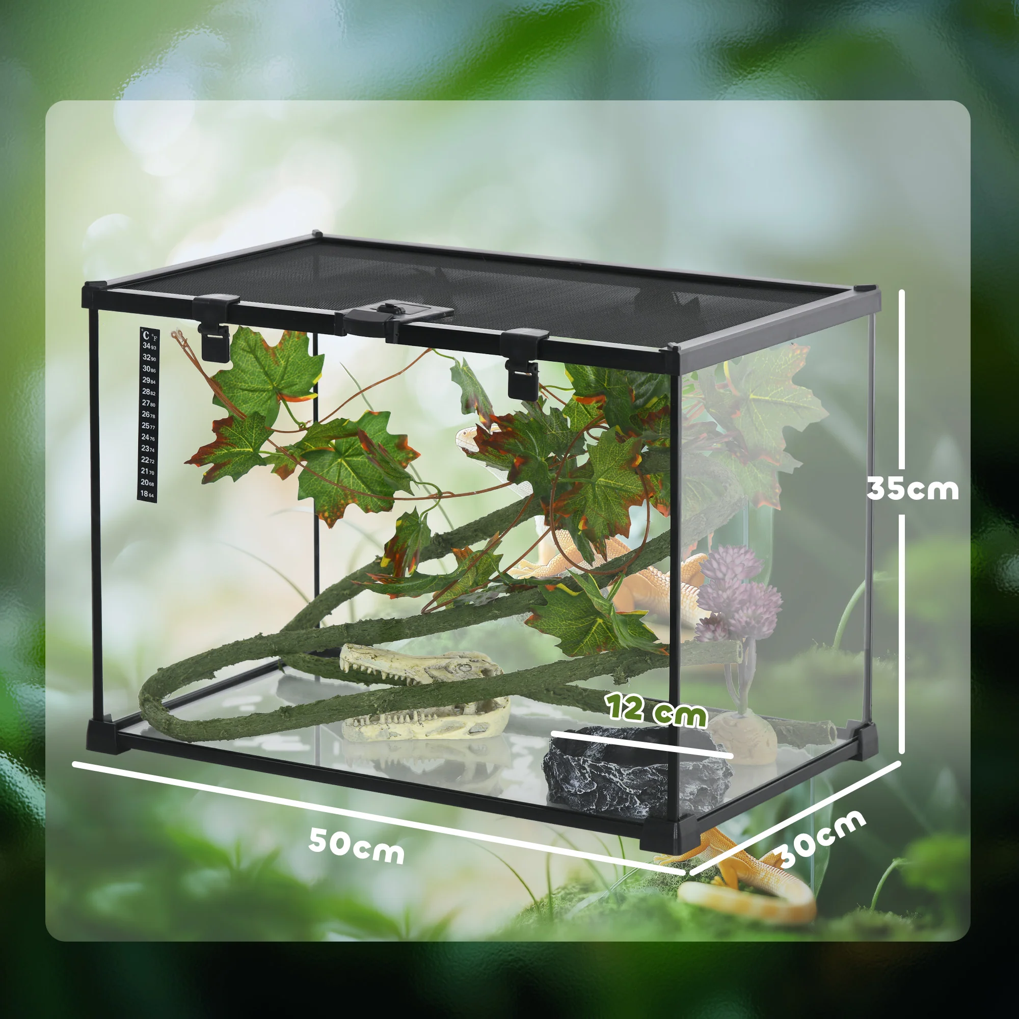 PawHut Glass Reptile Terrarium with Thermometer, Decor Kit, Heated - Black - Image 14
