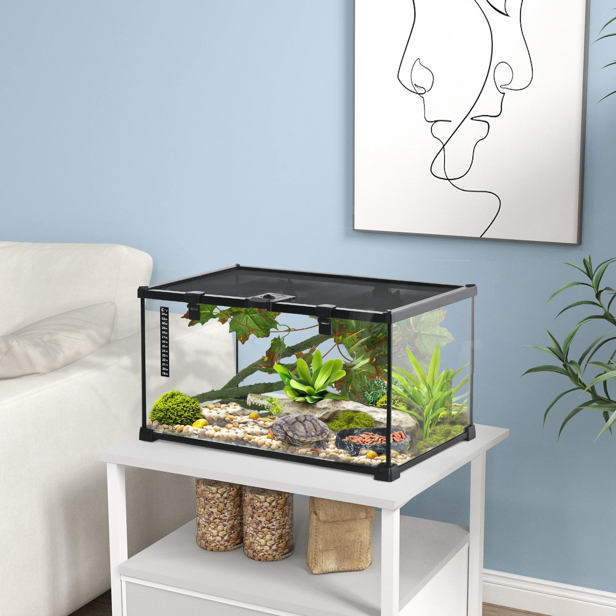 PawHut Glass Reptile Terrarium with Thermometer, Decor Kit, Heated - Black - Image 2