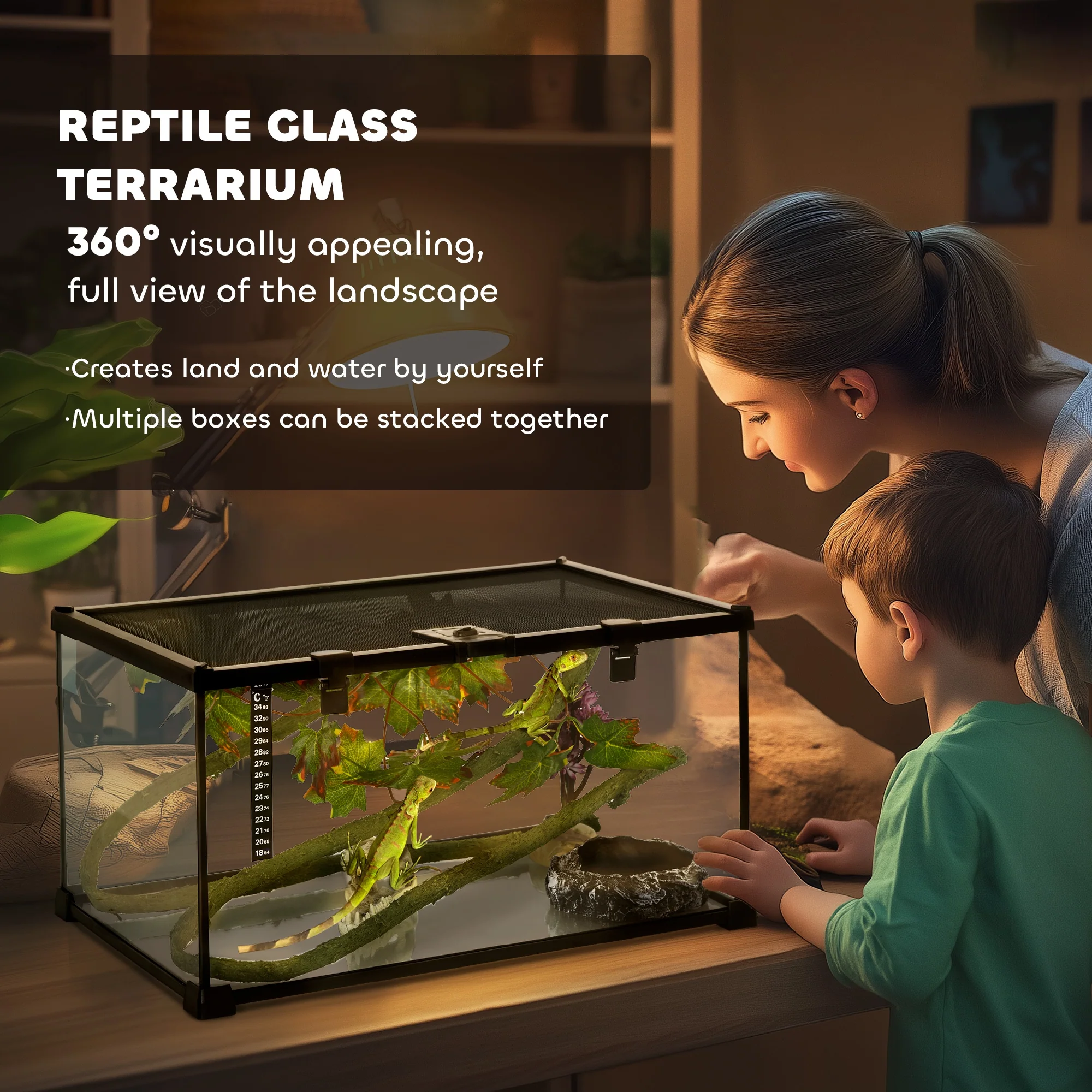 PawHut Glass Reptile Terrarium with Thermometer, Decor Kit, Heated - Black - Image 3