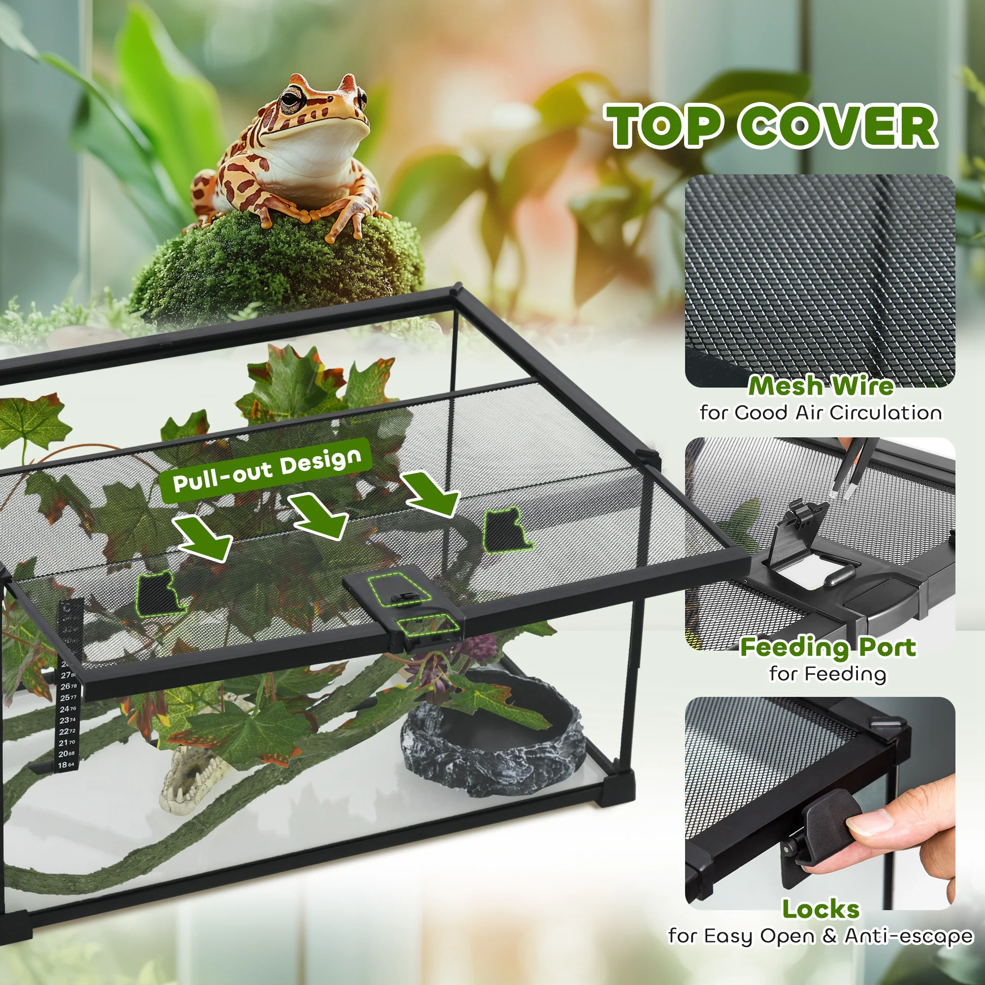 PawHut Glass Reptile Terrarium with Thermometer, Decor Kit, Heated - Black - Image 4