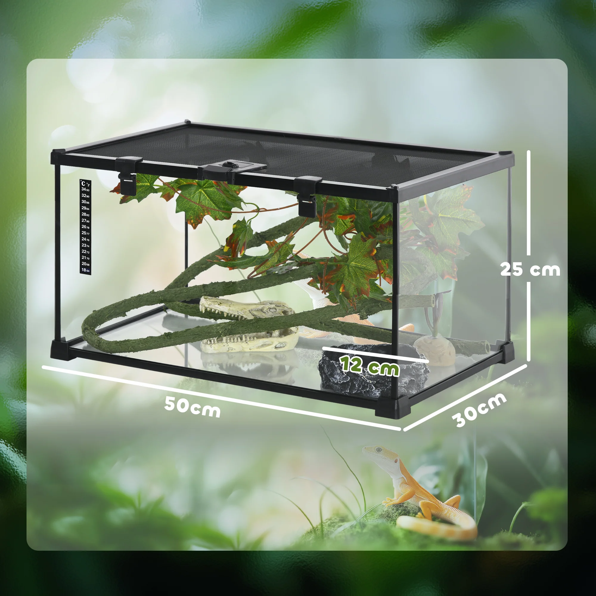 PawHut Glass Reptile Terrarium with Thermometer, Decor Kit, Heated - Black - Image 5