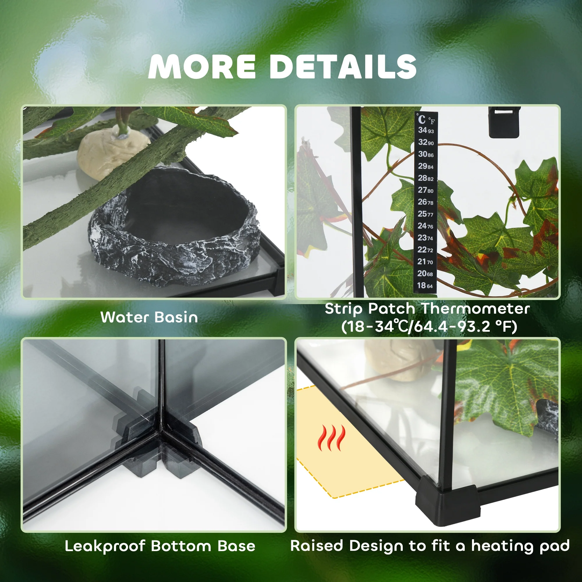 PawHut Glass Reptile Terrarium with Thermometer, Decor Kit, Heated - Black - Image 6