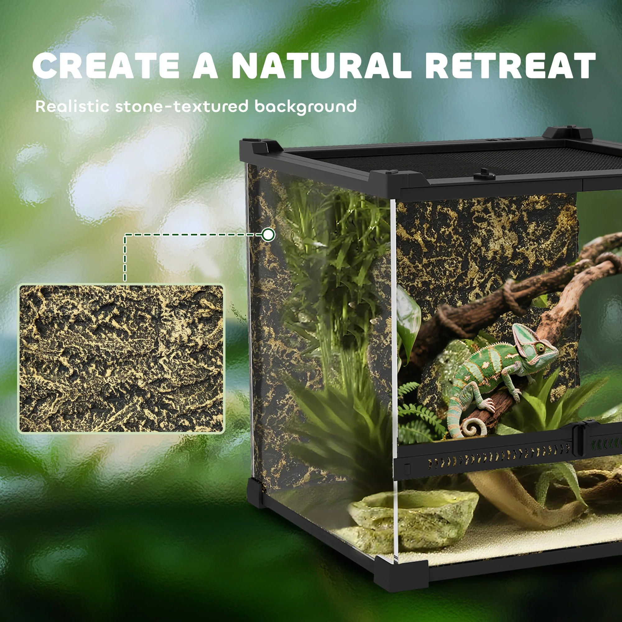 PawHut Glass Terrarium Reptile Vivarium With Stone Background - Image 13