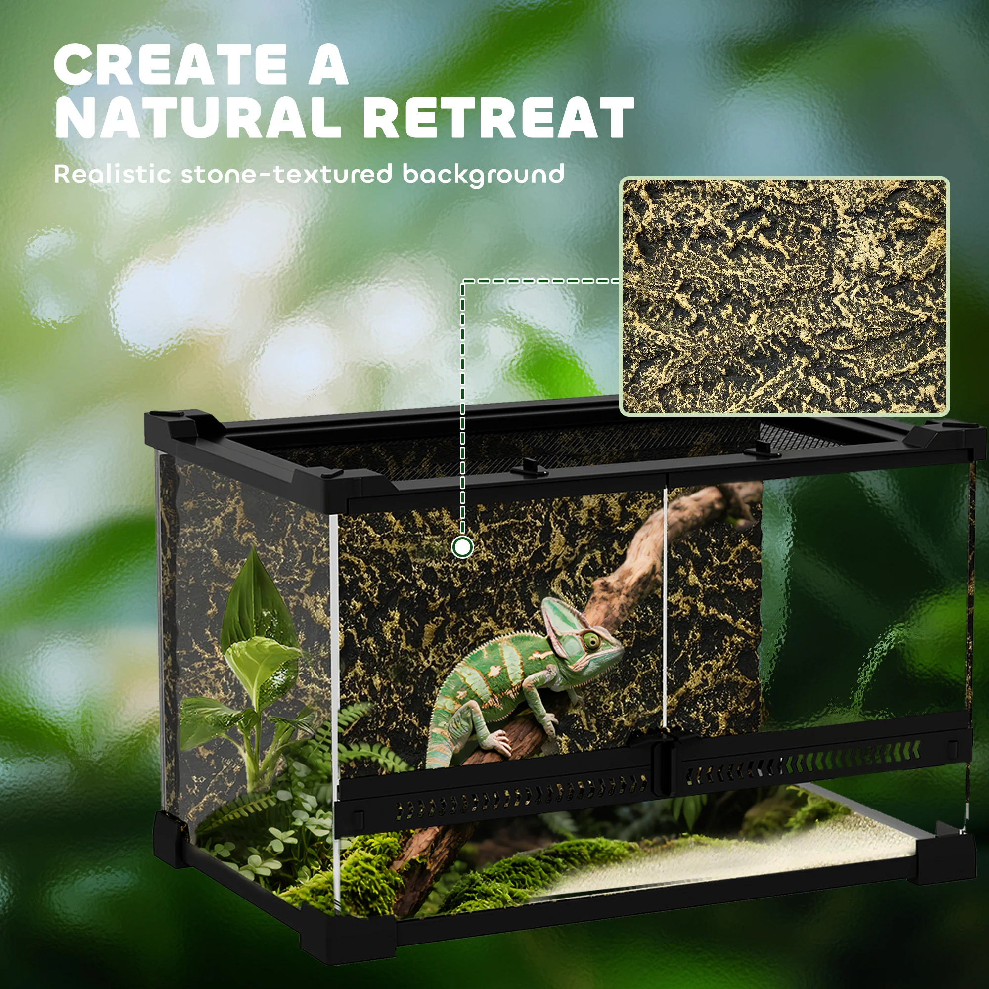 PawHut Glass Terrarium Reptile Vivarium With Stone Background - Image 4