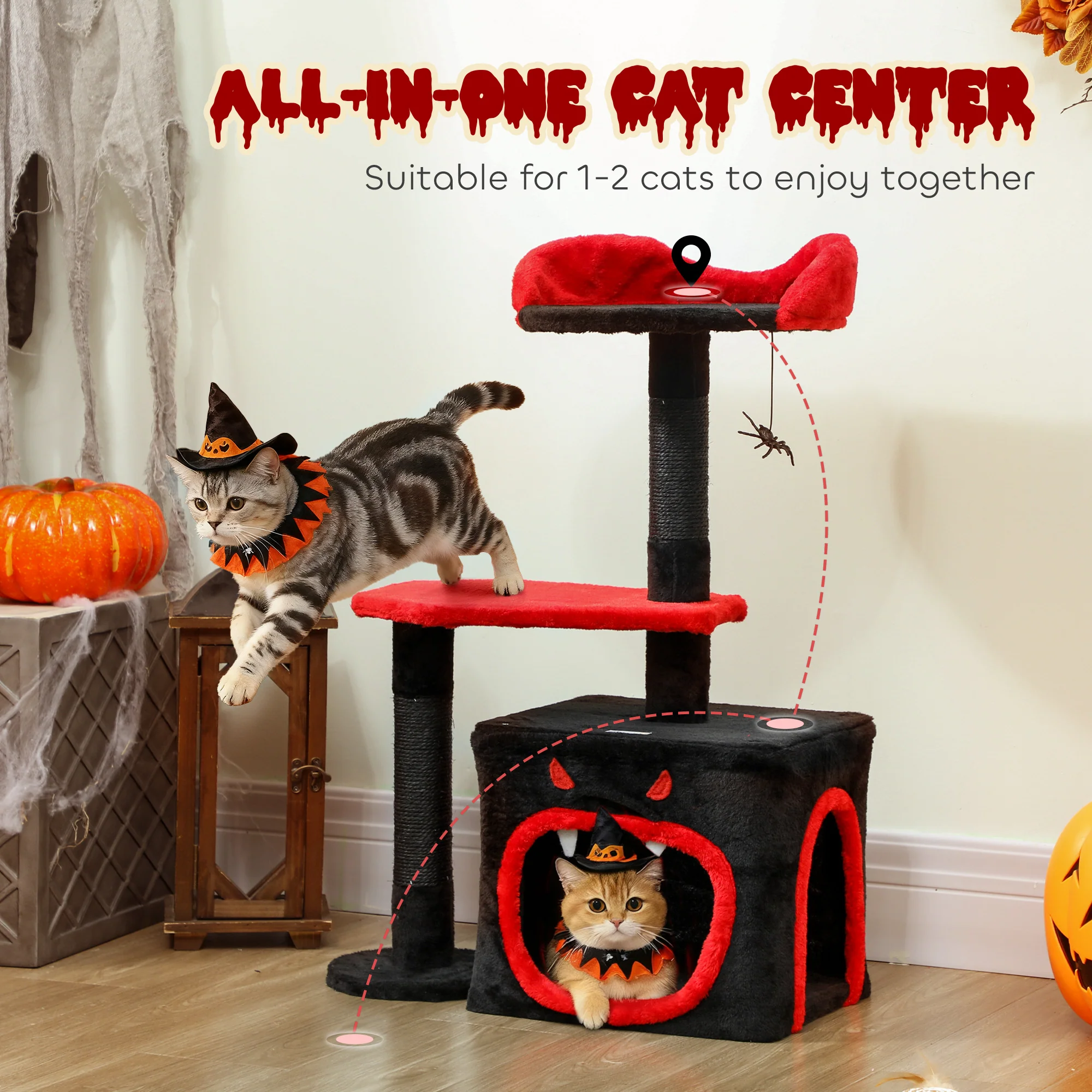 PawHut Gothic Cat Tree With Scratching Posts, Black, Halloween - Image 3