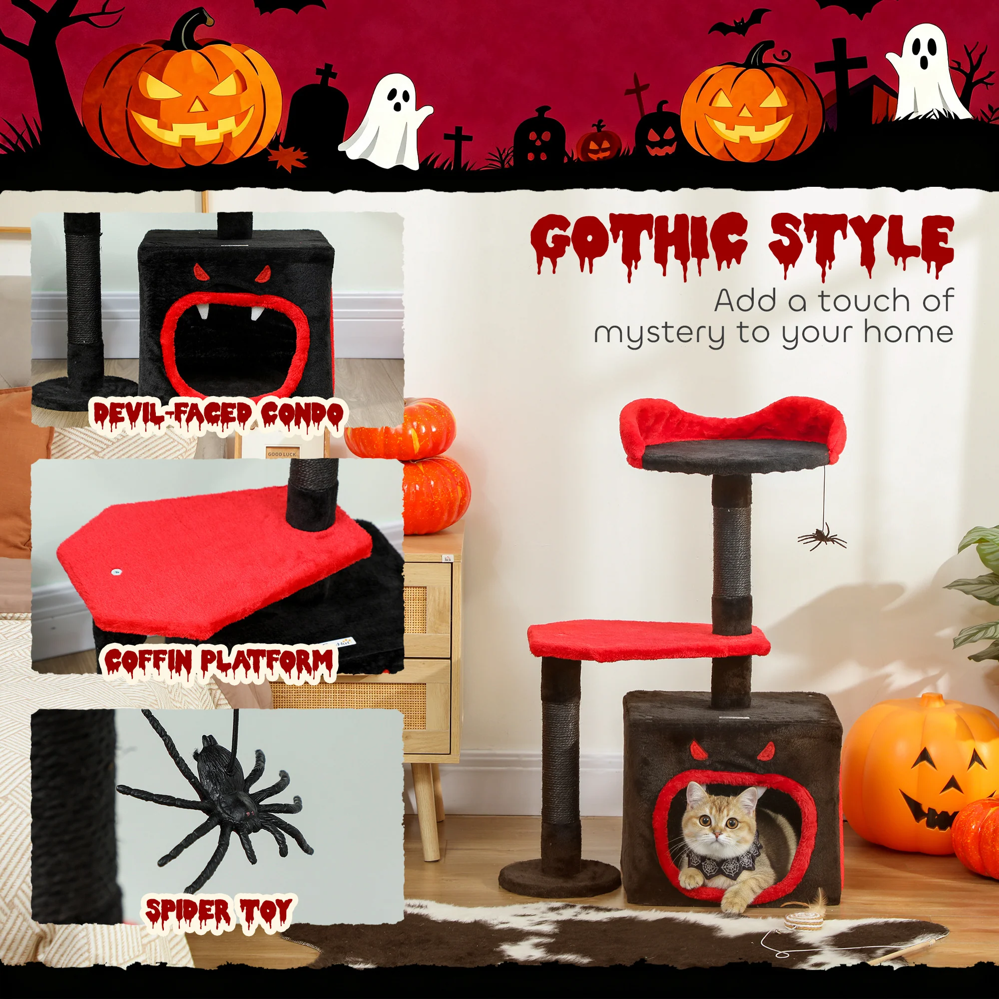 PawHut Gothic Cat Tree With Scratching Posts, Black, Halloween - Image 4