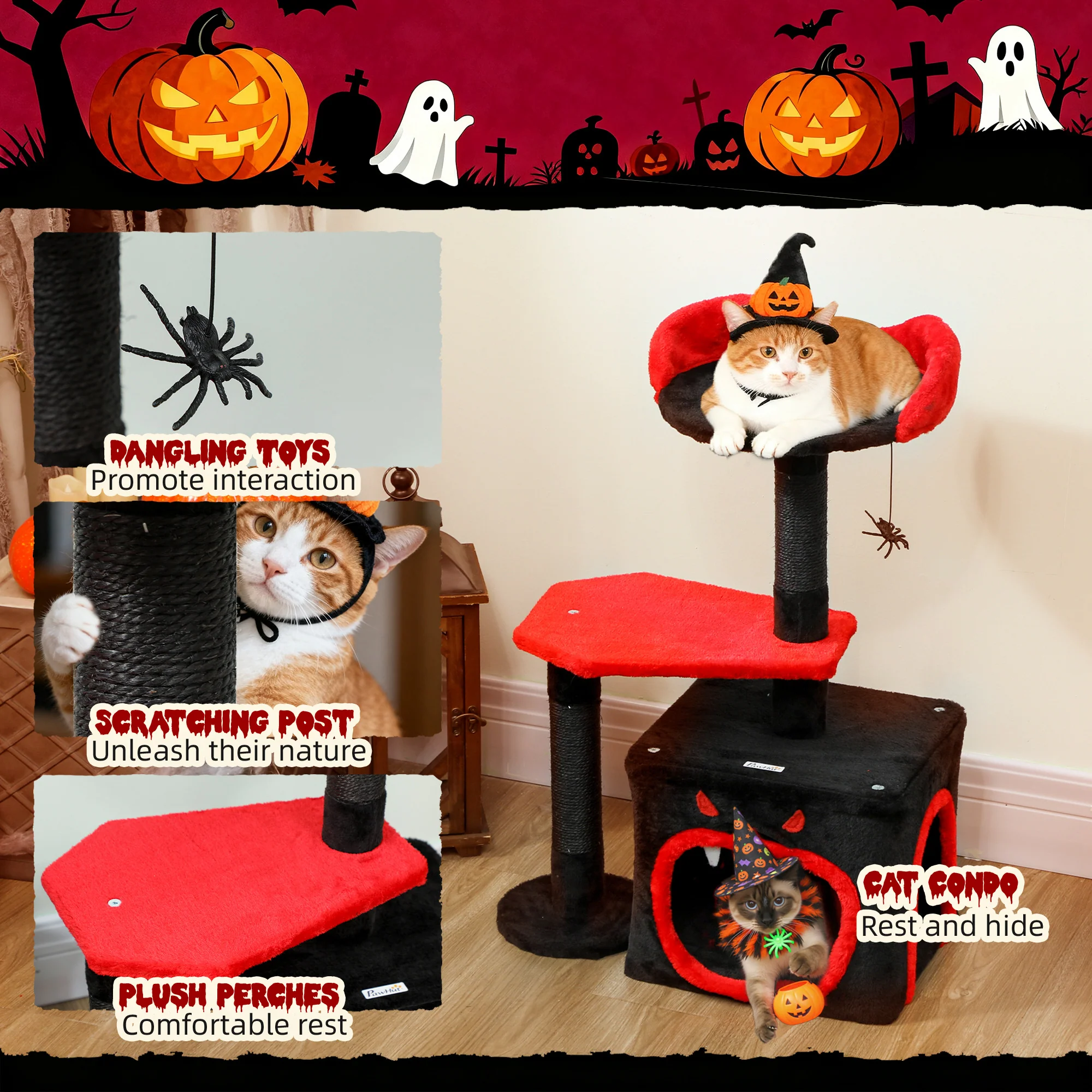 PawHut Gothic Cat Tree With Scratching Posts, Black, Halloween - Image 6