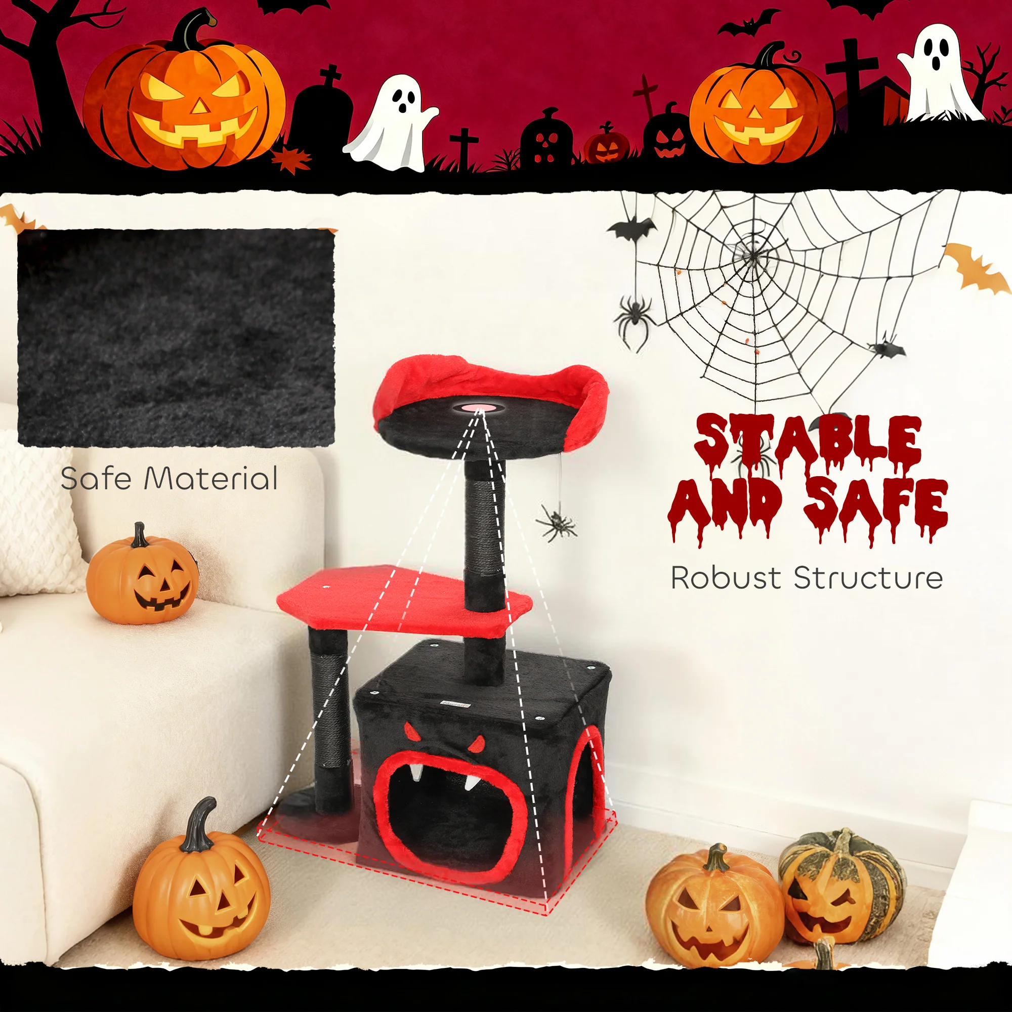 PawHut Gothic Cat Tree With Scratching Posts, Black, Halloween - Image 7