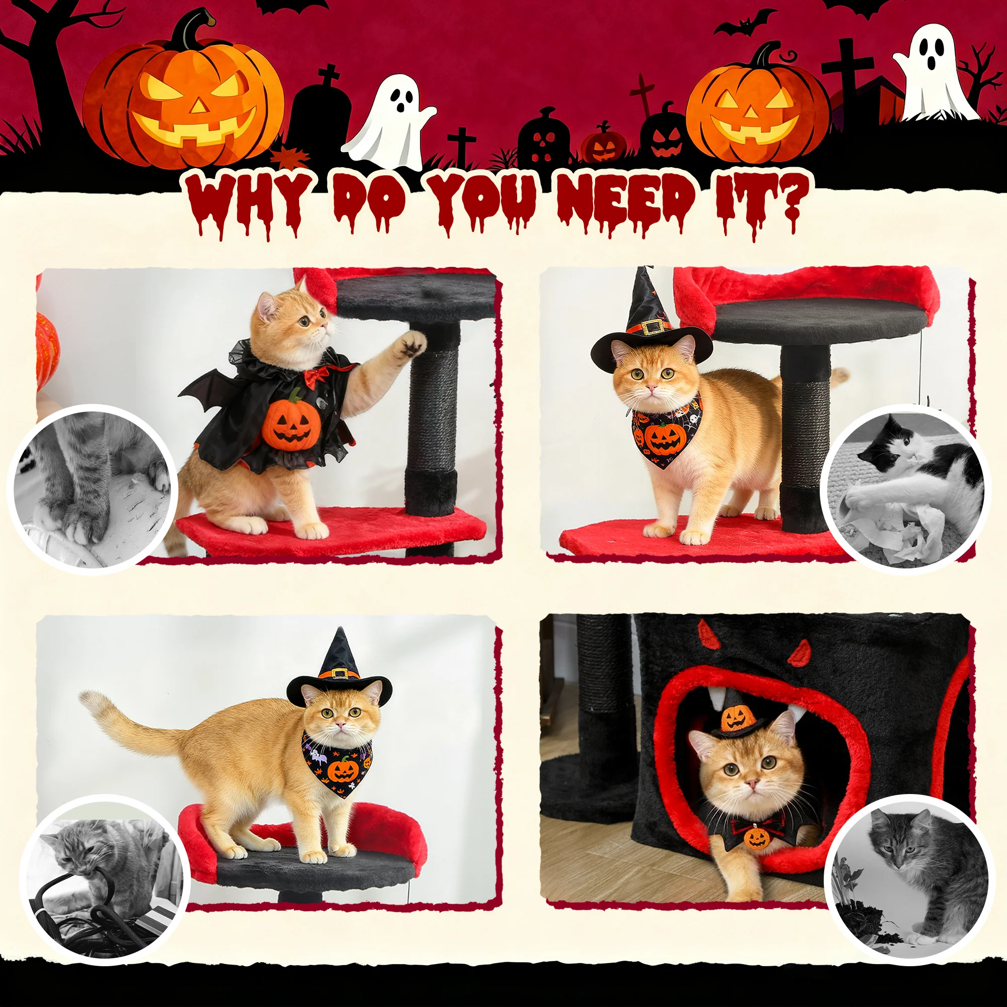 PawHut Gothic Cat Tree With Scratching Posts, Black, Halloween - Image 8