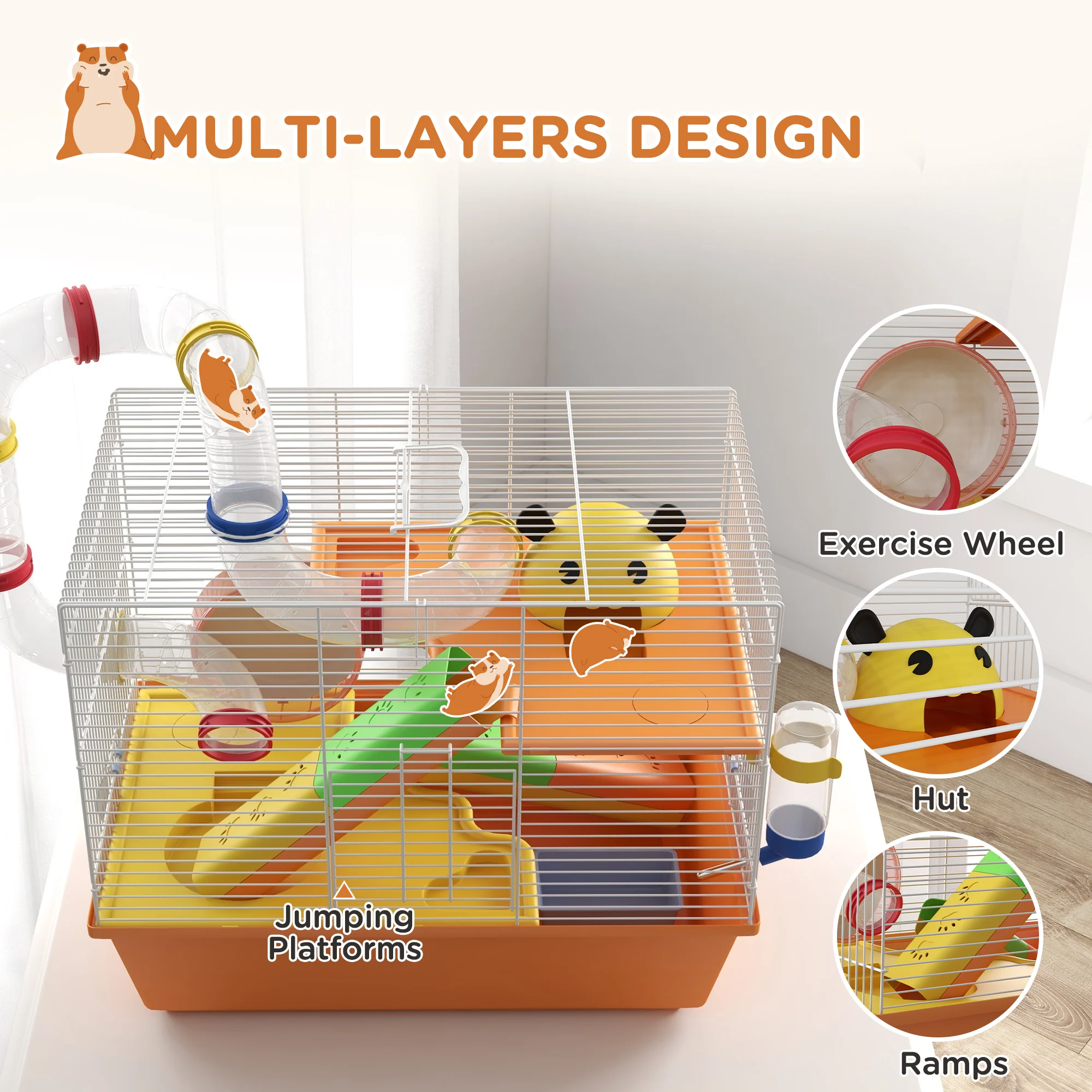 PawHut Hamster Cage, 3 Tiers Gerbil Cage For Dwarf Hamsters With Tubes, Ladder - Image 4