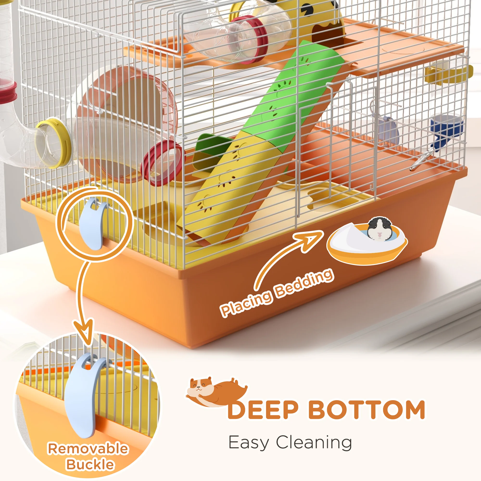 PawHut Hamster Cage, 3 Tiers Gerbil Cage For Dwarf Hamsters With Tubes, Ladder - Image 6