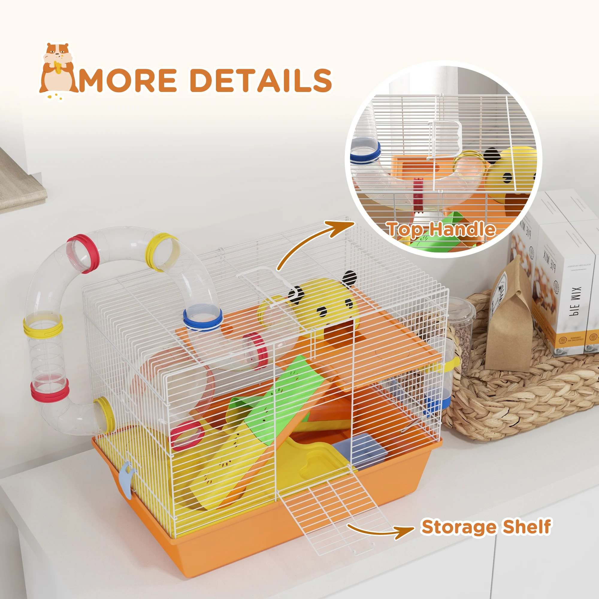 PawHut Hamster Cage, 3 Tiers Gerbil Cage For Dwarf Hamsters With Tubes, Ladder - Image 8