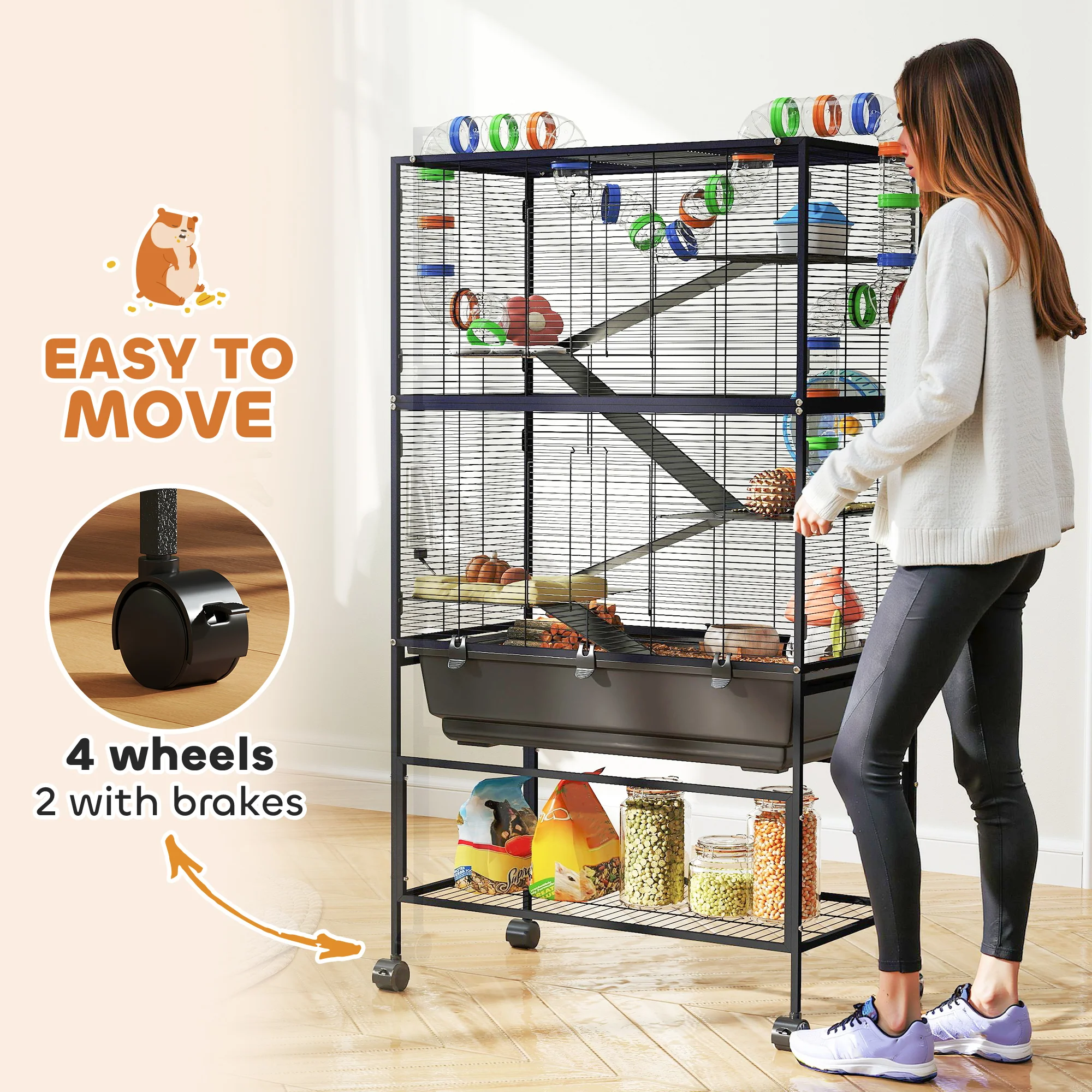 PawHut Hamster Cage, Gerbil Cage On Wheels With Storage Shelf - Image 17
