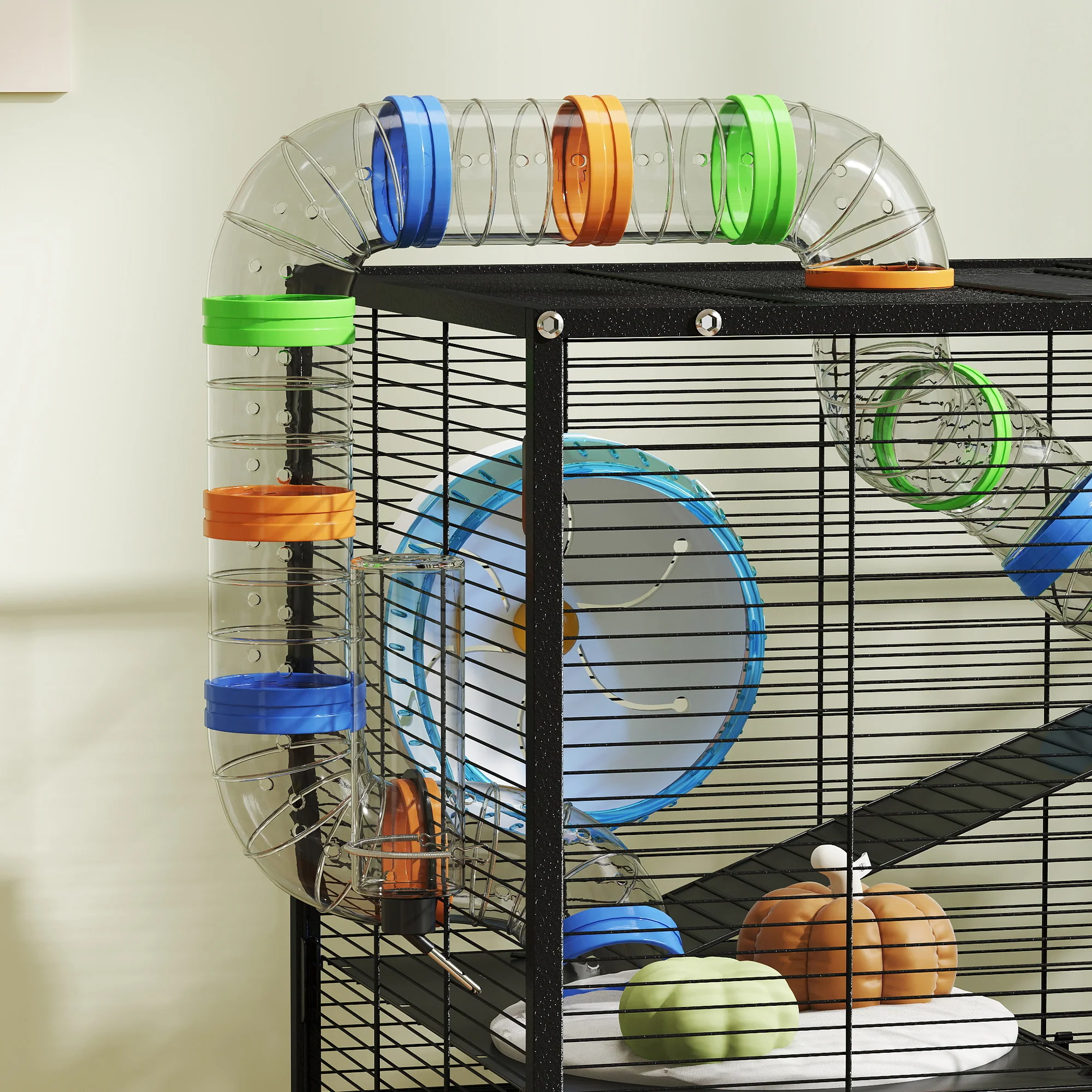 PawHut Hamster Cage, Gerbil Cage On Wheels With Storage Shelf - Image 9