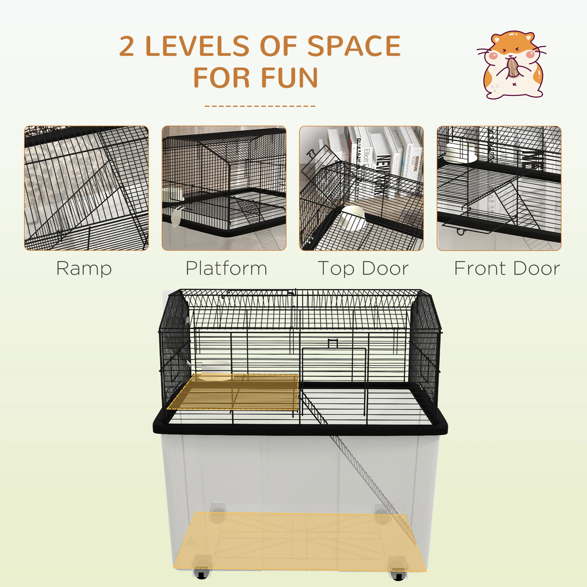 PawHut Hamster Cage, Two-Tier Gerbil Cage W/ Deep Bottom, Ramp, Food Dish - Image 3