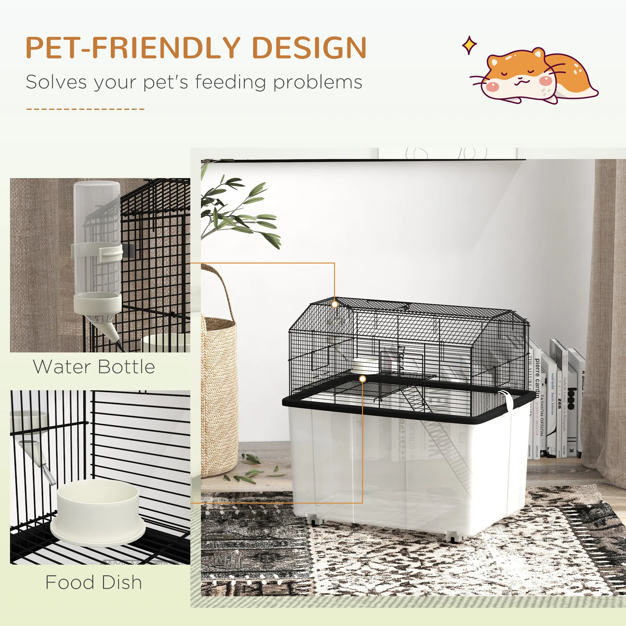PawHut Hamster Cage, Two-Tier Gerbil Cage W/ Deep Bottom, Ramp, Food Dish - Image 6