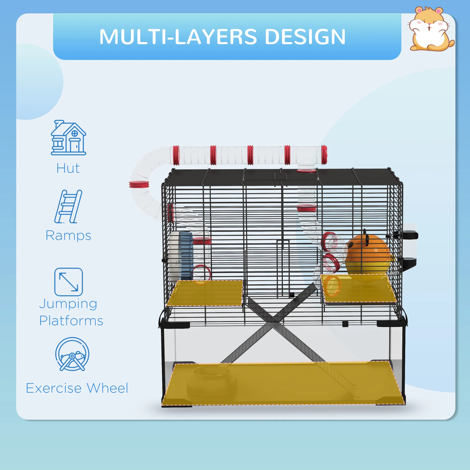 PawHut Hamster Cage W/ Tunnels, Tubes, Ramps, Platforms, Hut - Image 4