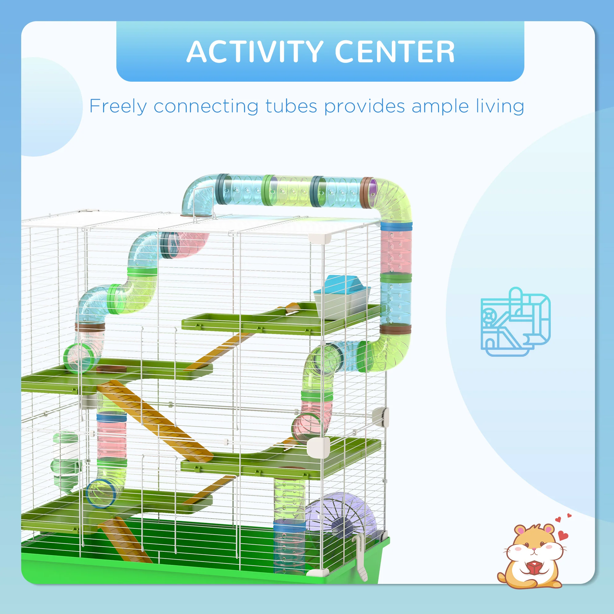 PawHut Hamster Cage W/ Water Bottle, Exercise Wheel, Tubes, Ramps - Green - Image 3