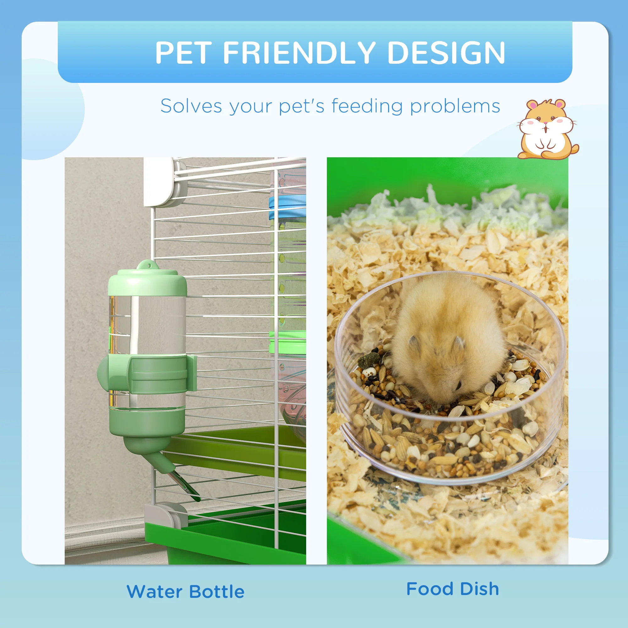 PawHut Hamster Cage W/ Water Bottle, Exercise Wheel, Tubes, Ramps - Green - Image 4